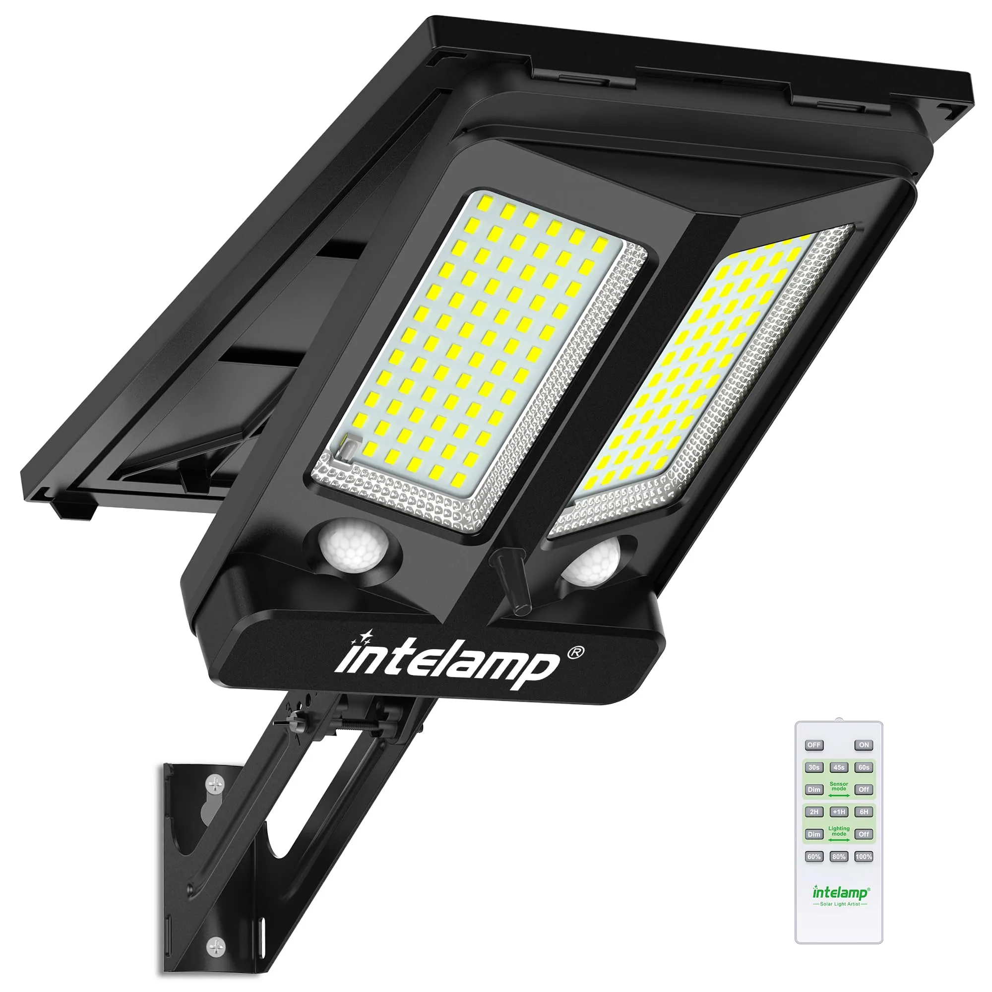 INTELAMP Faretto LED da Esterno Solare,12500mAh Faro Con Pannello Solare, IP65 Impermeabile Lampione con Sensore di Movimento, 3000LM/6500K Luci da Esterno per Giardino, Terrazza, Garage