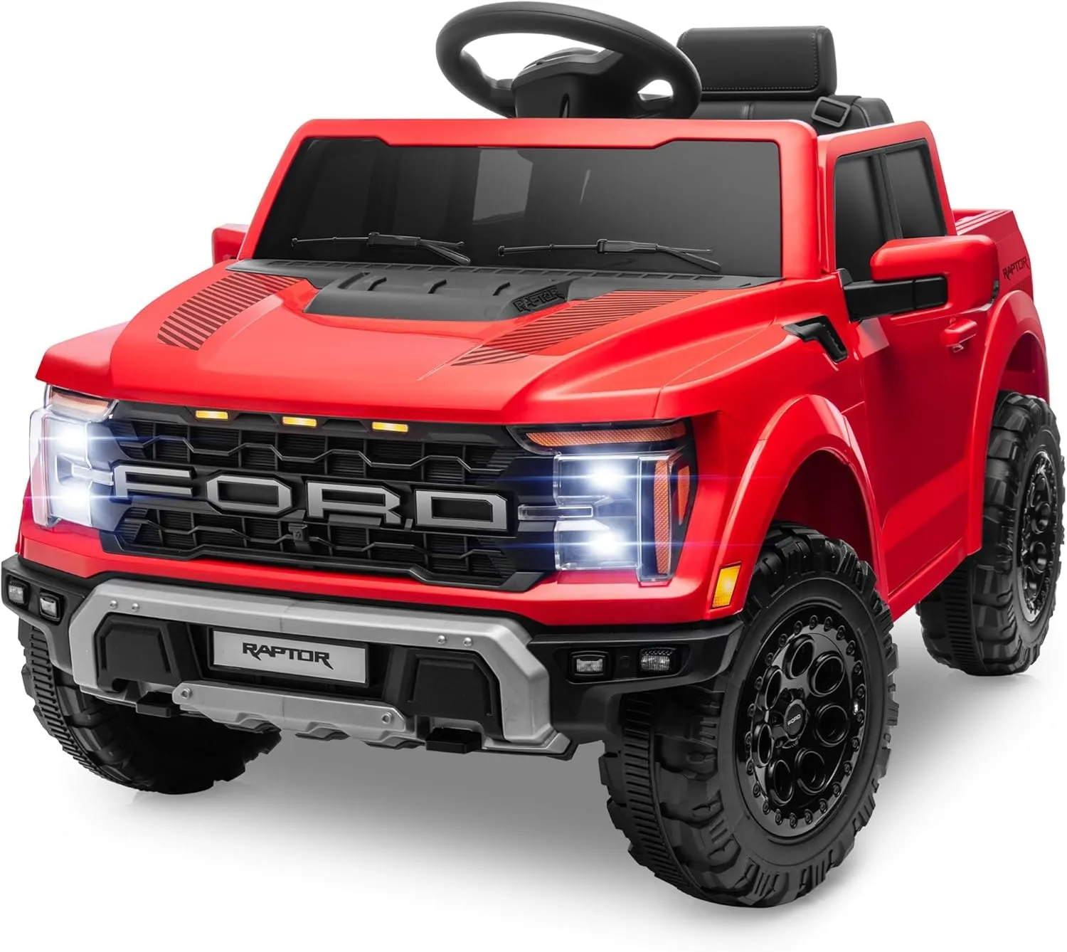 Ford F150 Raptor 12V Auto Elettrica per Bambini con Telecomando Luci LED Bluetooth Cintura di Sicurezza e Ammortizzatori Fuoristrada Pick-Up (Rosso)