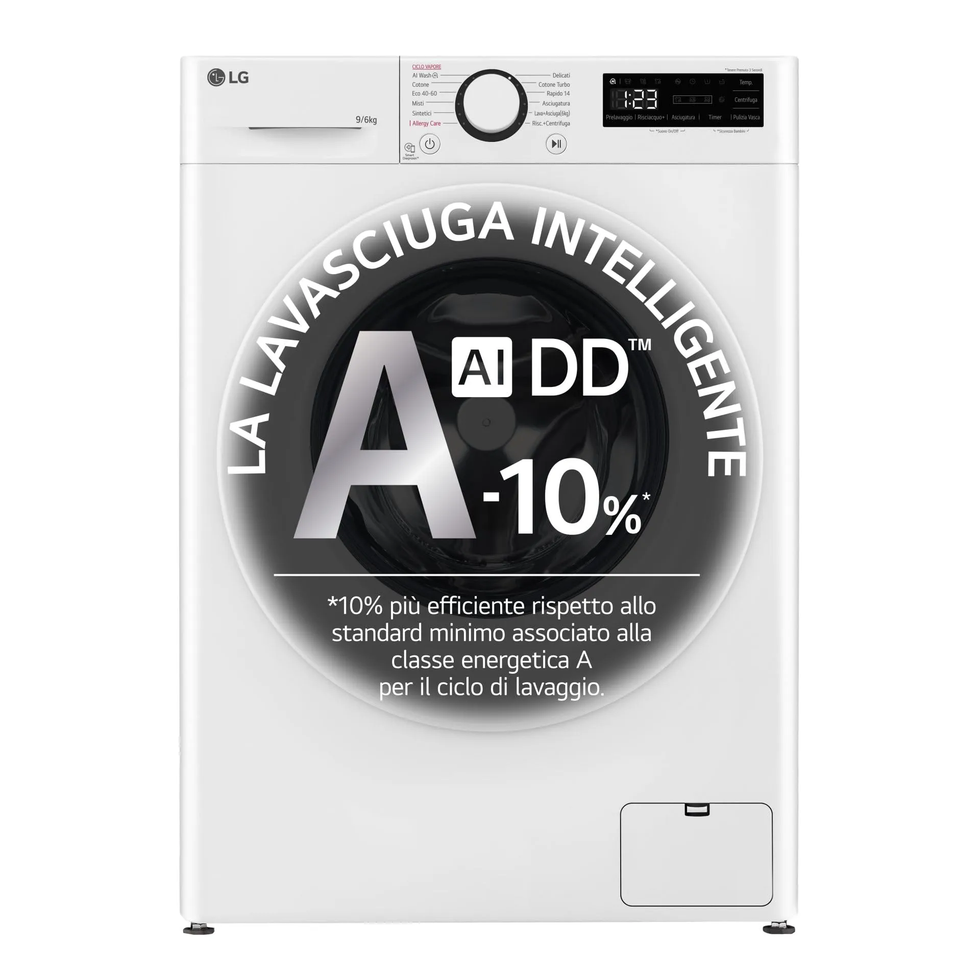 LG AI DD D4R3009NSWW Lavasciuga Classe A -10%/D, 9 / 6kg, Serie R3, Lavatrice e Asciugatrice Insieme, 1400 giri, Lavaggio a Vapore, Eco Hybrid, Allergy Care, Motore Inverter Direct Drive, Bianca