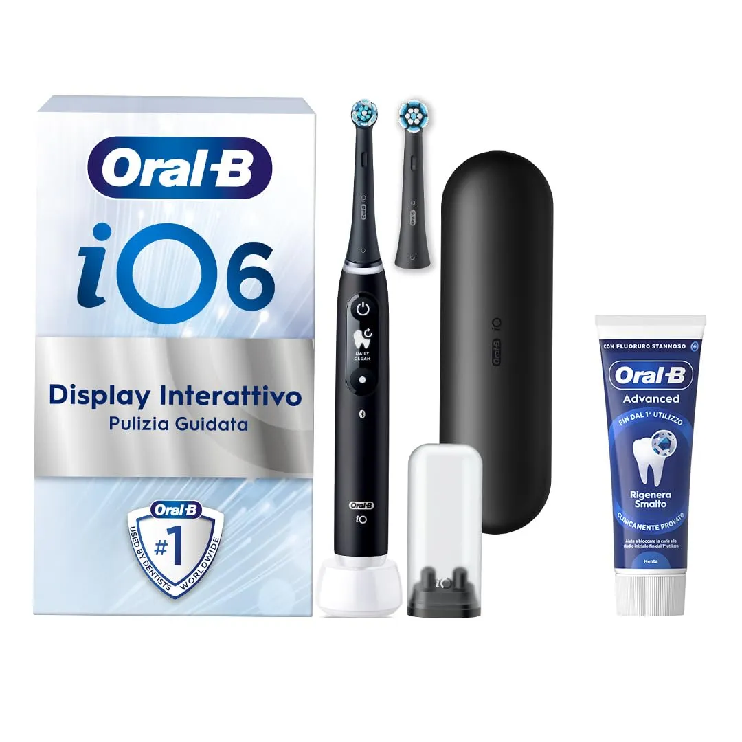 Oral-B Spazzolino Elettrico Ricaricabile iO 6N Nero, 1 Spazzolino Elettrico, 2 Testine Di Ricambio, Custodia Da Viaggio + 1 Dentifricio Oral-B Advanced Rigenera Smalto, Pulizia Denti Efficace