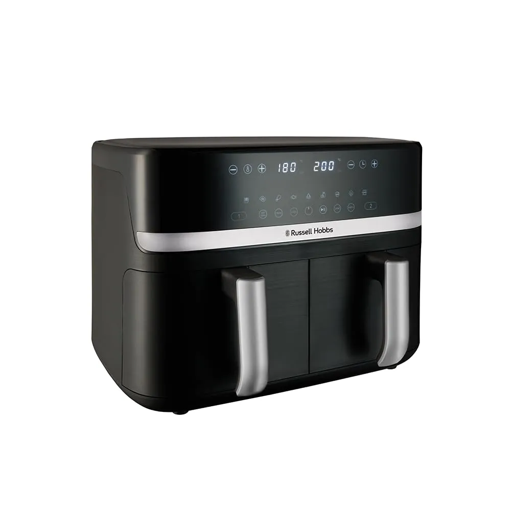 Russell Hobbs Friggitrice ad Aria Doppio cestello, 9L – Zone Indipendenti, 9 Programmi, 200℃, Silenziosa, Touchscreen, Cottura Senza Olio, Basso Consumo, Lavastoviglie ok, 2800W – Satisfry 27681-56