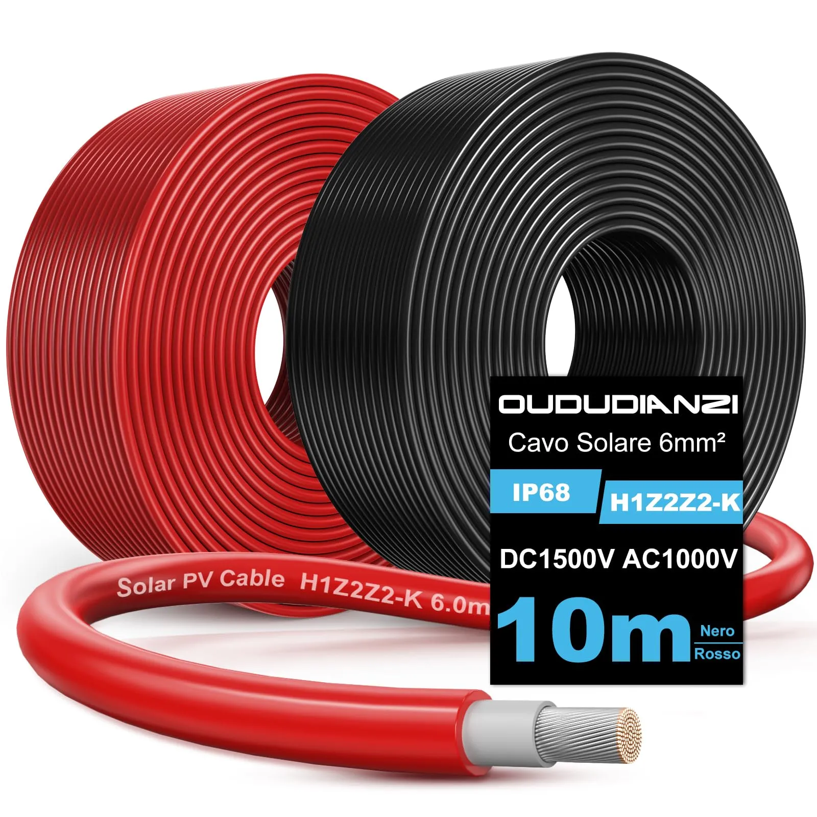 Oududianzi Cavo Solare 6mm2 10m, Cavo Fotovoltaico 10/20/30/40/50m, H1Z2Z2-K Solare Pannello Cavo, Cavo di Prolunga Solare per Pannello Solare, Inverter e Regolatore di Carica (10m Nero+10m Rosso)