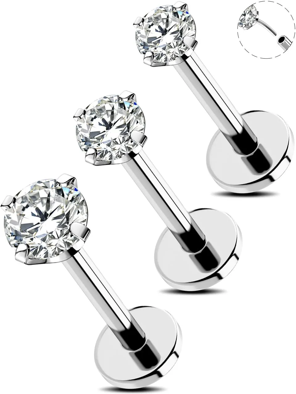 OUFER Piercing da naso da 18 G per narice 3 pezzi con retro piatto a forma di conchiglia trago elice gioielli senza filettatura in acciaio chirurgico piercing per labbro cartilagine CZ 8 mm
