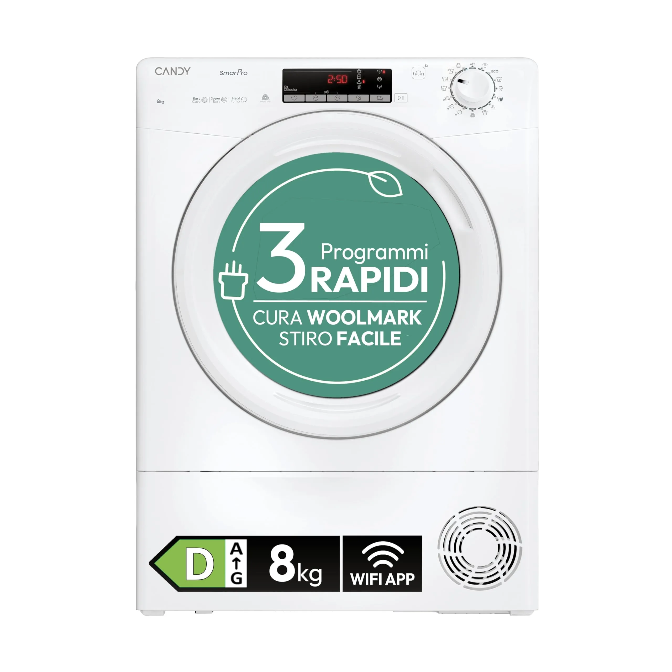 Candy Smart Pro CRO EH8N2TE-S Asciugatrice a Pompa di Calore, 8 kg, Connettività Wi-Fi + BLE, Programma Stiro Facile, Libera Installazione, 85x 60 x 58.5 cm (A x L x P cm), Bianco, Classe D