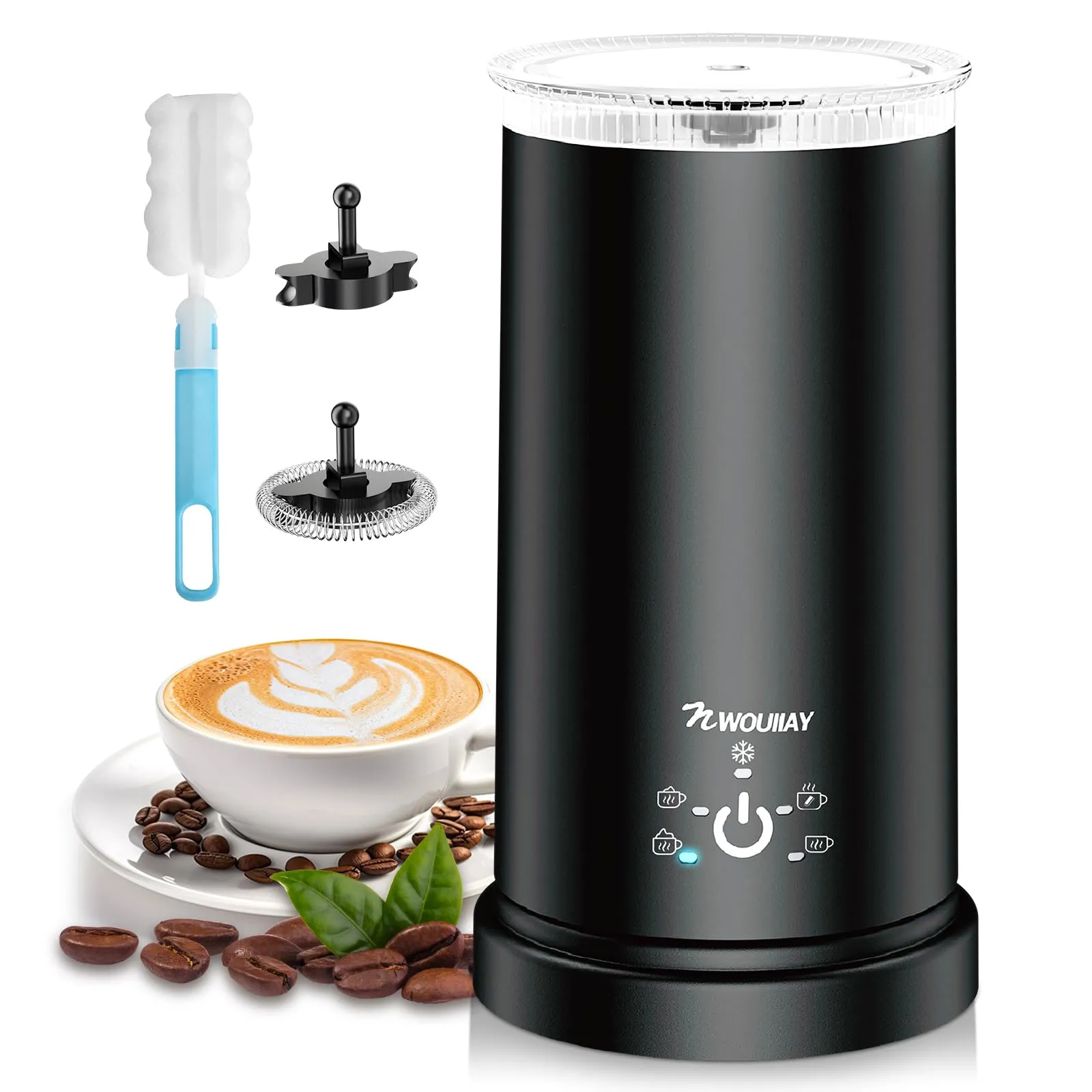 NWOUIIAY Montalatte Elettrico 5 in 1, Cappuccinatore 600W 350ML, Macchina per Schiuma Calda e Fredda Veloce, Silenzioso in Acciaio Inossidabile per Cappuccino, Latte, Macchiato e Cioccolata Calda