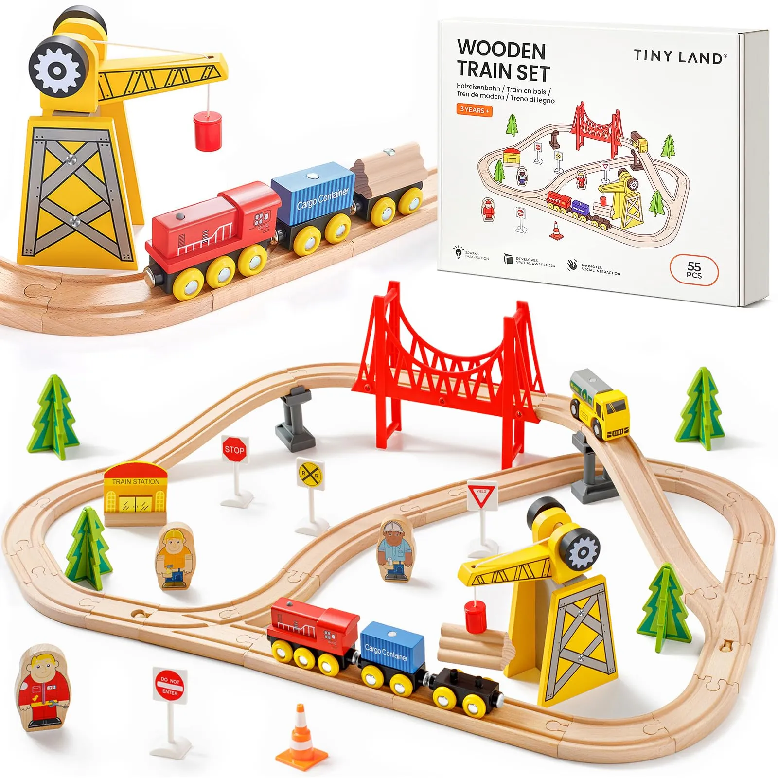 Tiny Land Set di 55 pezzi per gru e treni esclusivi, compatible con tutte le principali marche di treni in legno