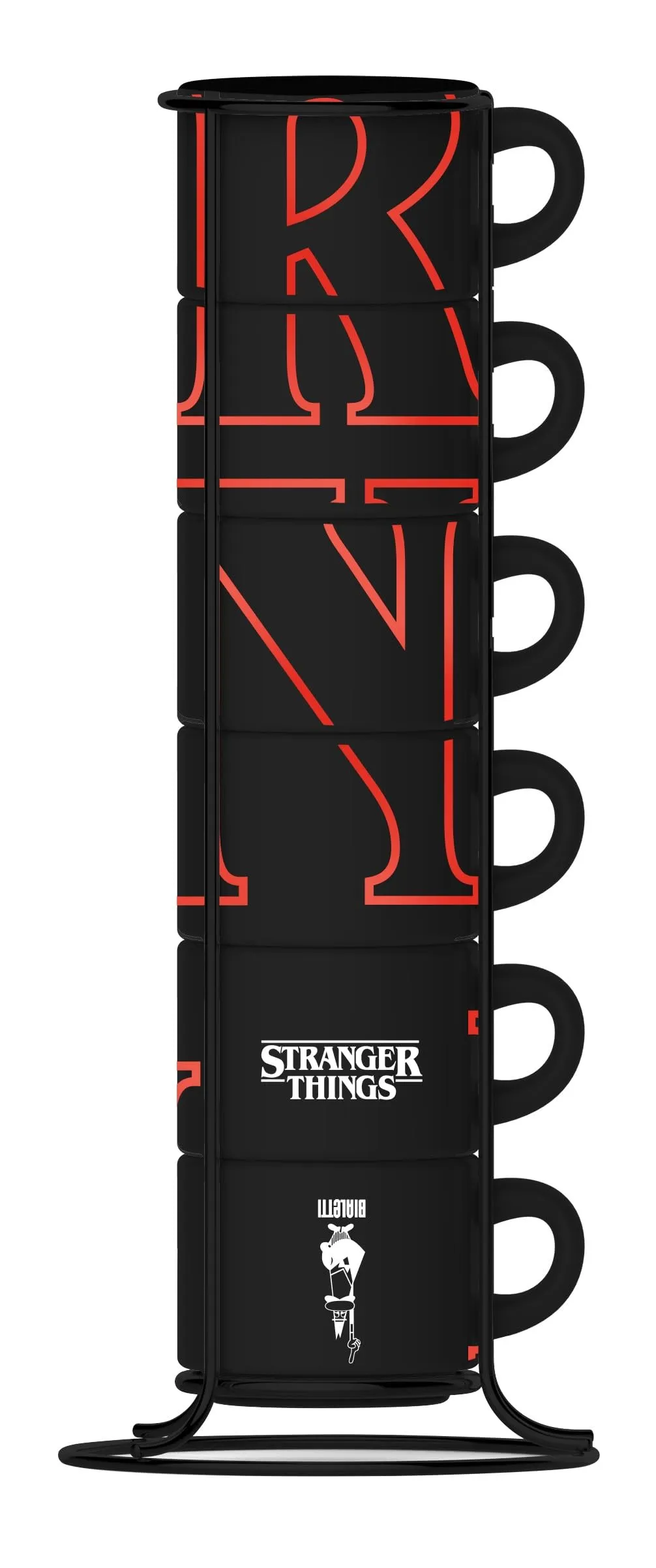 Bialetti Set da 6 Tazzine Impilabili Stranger Things – Fluorescenti, si illuminano e cambiano colore al buio, non adatte alla lavastoviglie, 80 ml ciascuna, Nero
