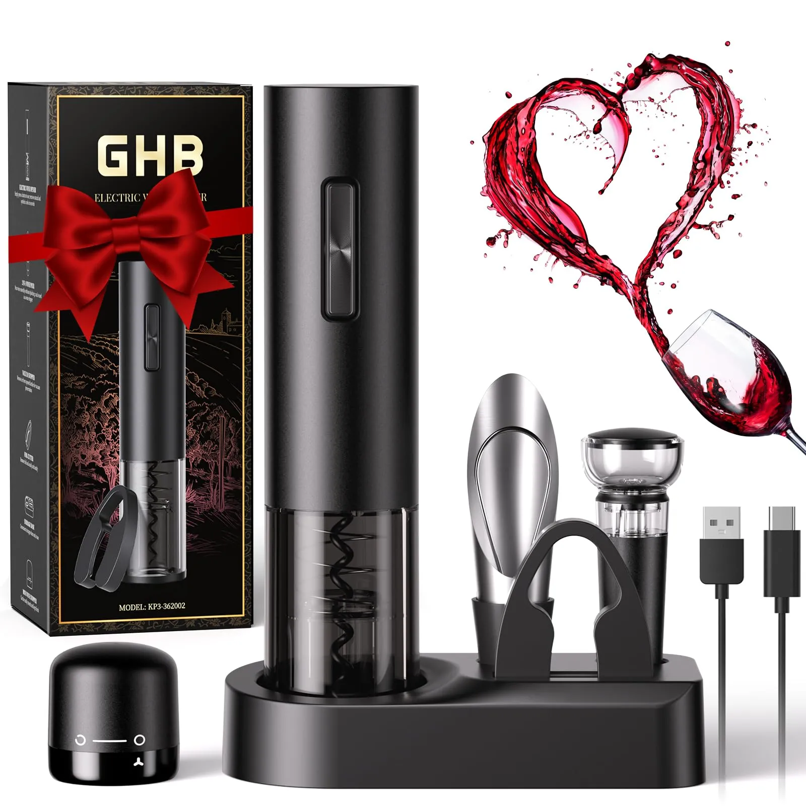 GHB Cavatappi Elettrico per Vino 8 in 1 Apribottiglie Elettrico Ricaricabile con Base,Tagliacarte,Versatore,Tappo di Tenuta,Tappo per Vuoto Regalo Natale per Uomo,Papà e Amanti del vino