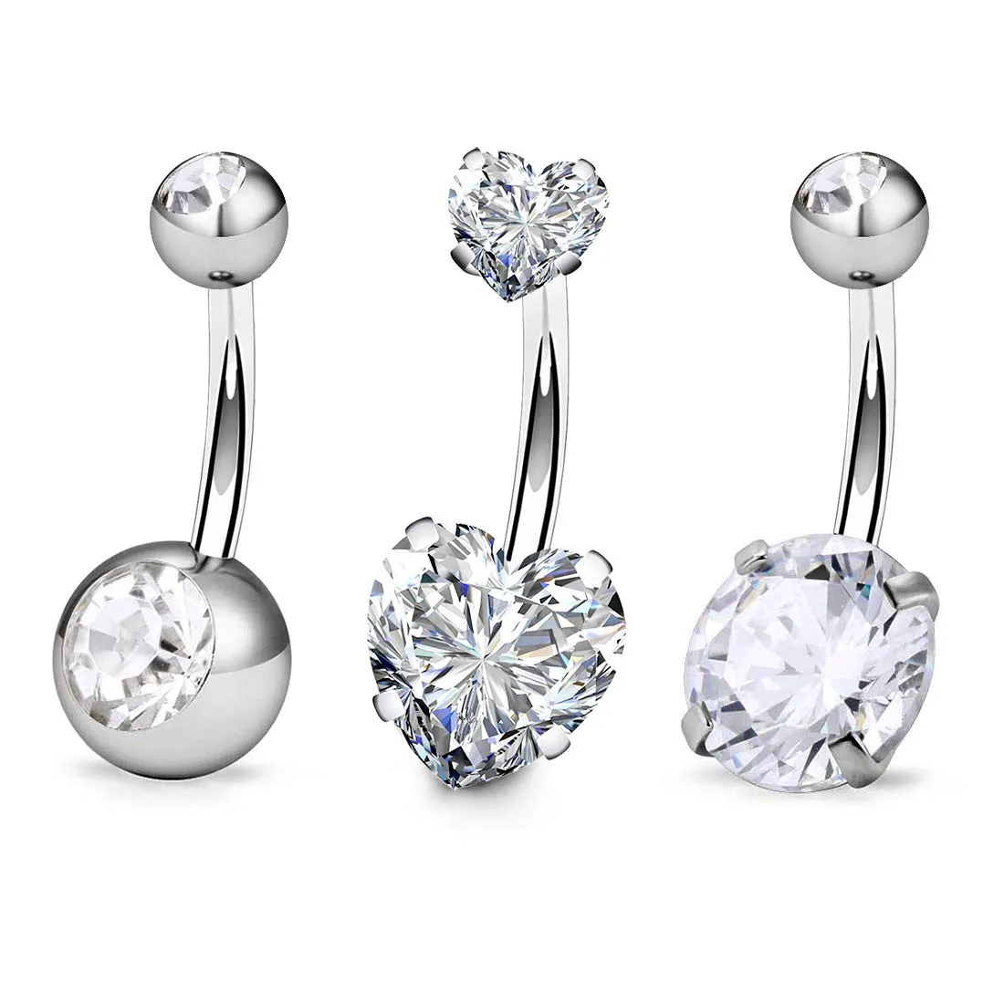 FECTAS 3pcs Anello con Ombelico Argento Top Zirconia 316L Acciaio Chirurgico 14G Ombelico Bar Gioielli Piercing