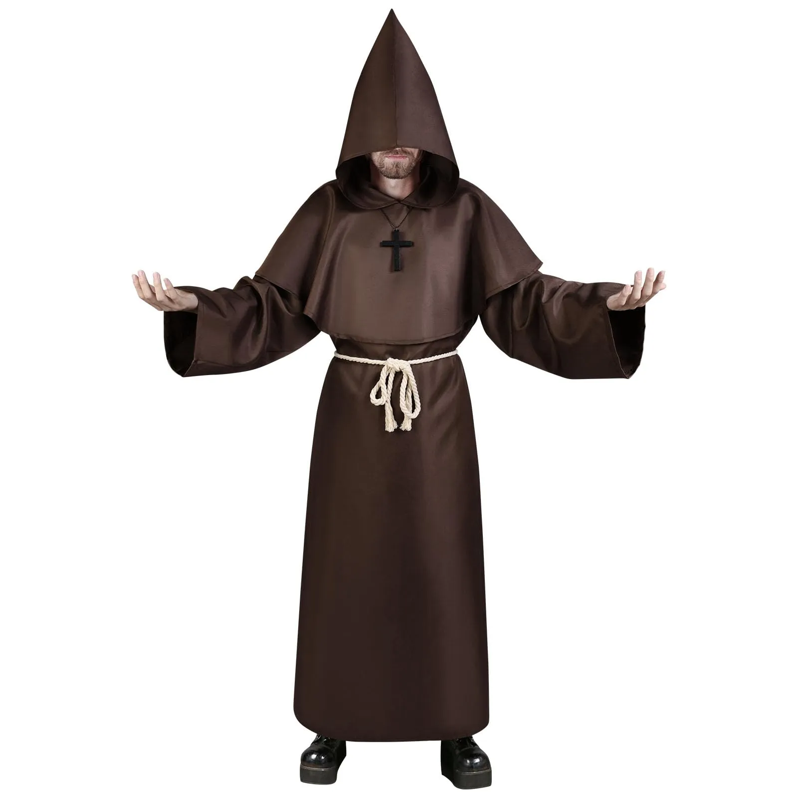 Aomig Costume da Monaco, Monaco Sacerdote Accappatoio Frate Medieval Rinascimentale, Cosplay Costume Robe Adulto Mantello, Abito da Mago Costume da Prete per Halloween Carnevale(Marrone-2XL)
