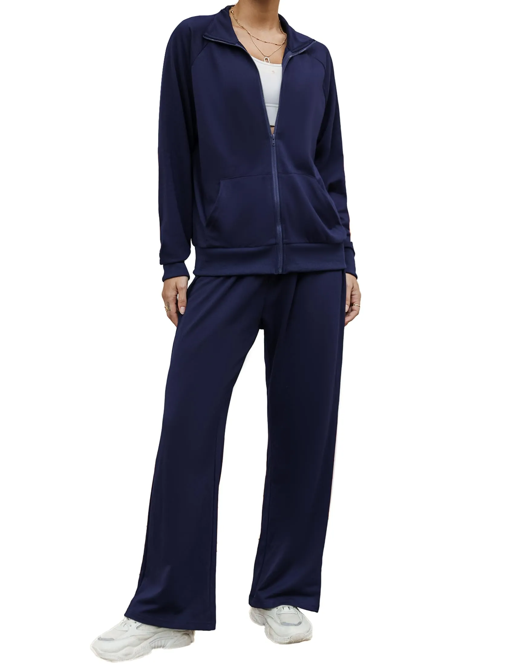 Terecey 2 Pezzi Tuta Donna Invernale Tuta de Ginnastica Elegante Tuta Sportiva Donna Completa Tinta Unita Tuta da Jogging Tuta Invernale Felpata Sportivo Completo Donna Casual Blu navy L