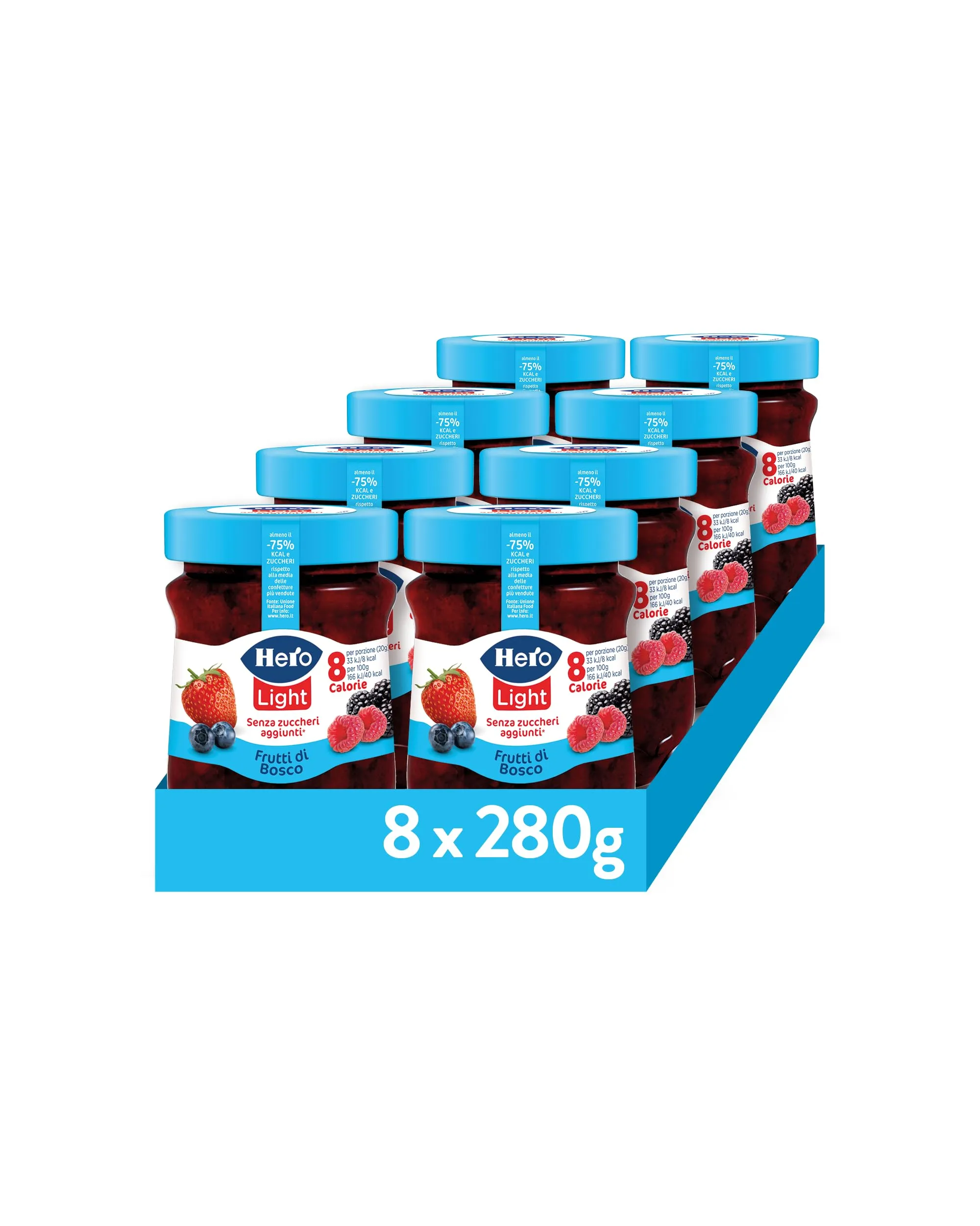 Hero Light Confettura di Frutti di Bosco Light, 8 Vasetti da 280 gr, Marmellata e Confettura Extra con Frutta di Alta Qualità, Senza Zuccheri aggiunti e Pochissime Calorie per Porzione