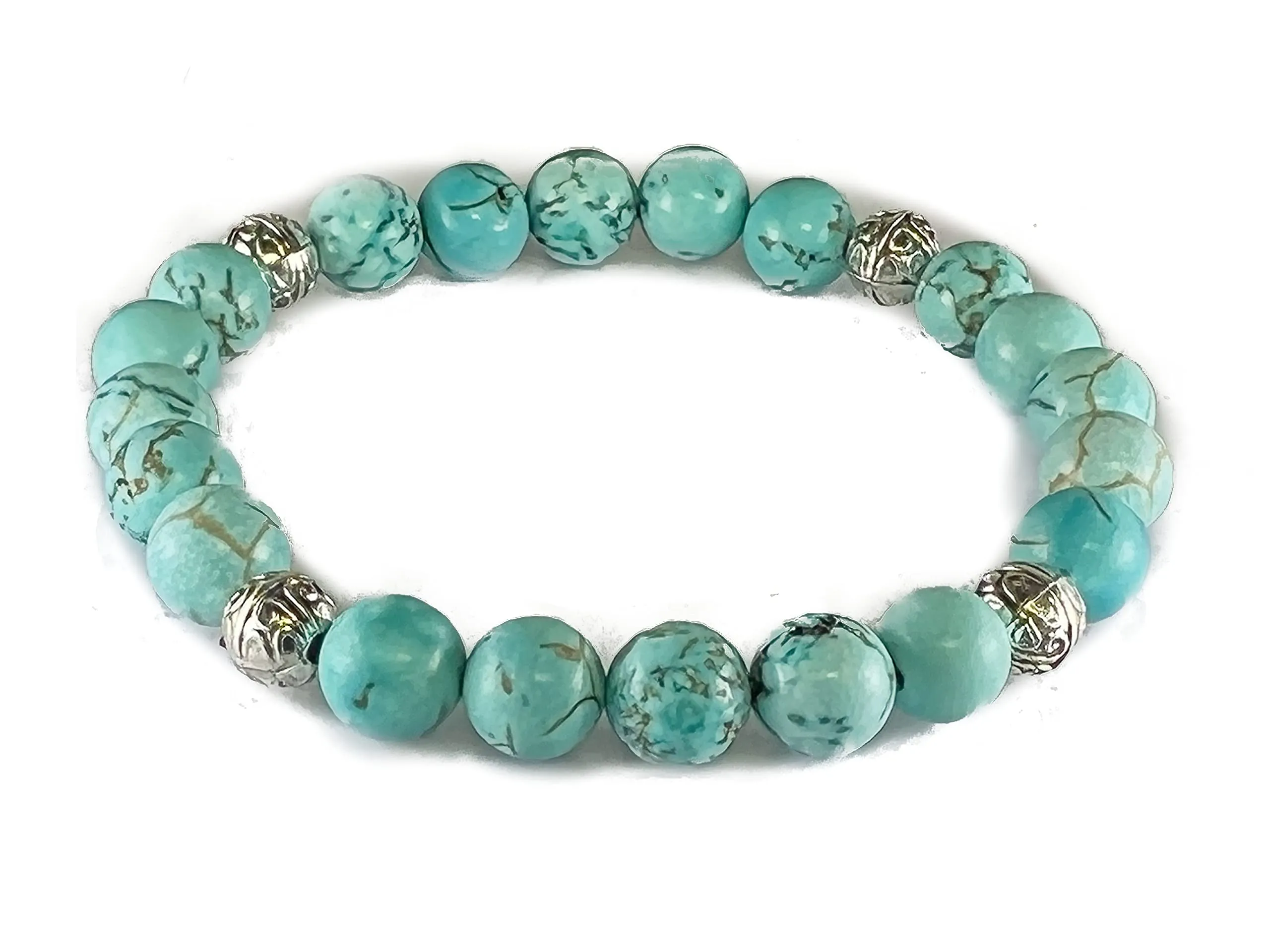 Bracciale Azteco Unisex in Turchese, con Sfere in Metallo, Pietre Dure, Elastico 19 cm, Fatto a Mano