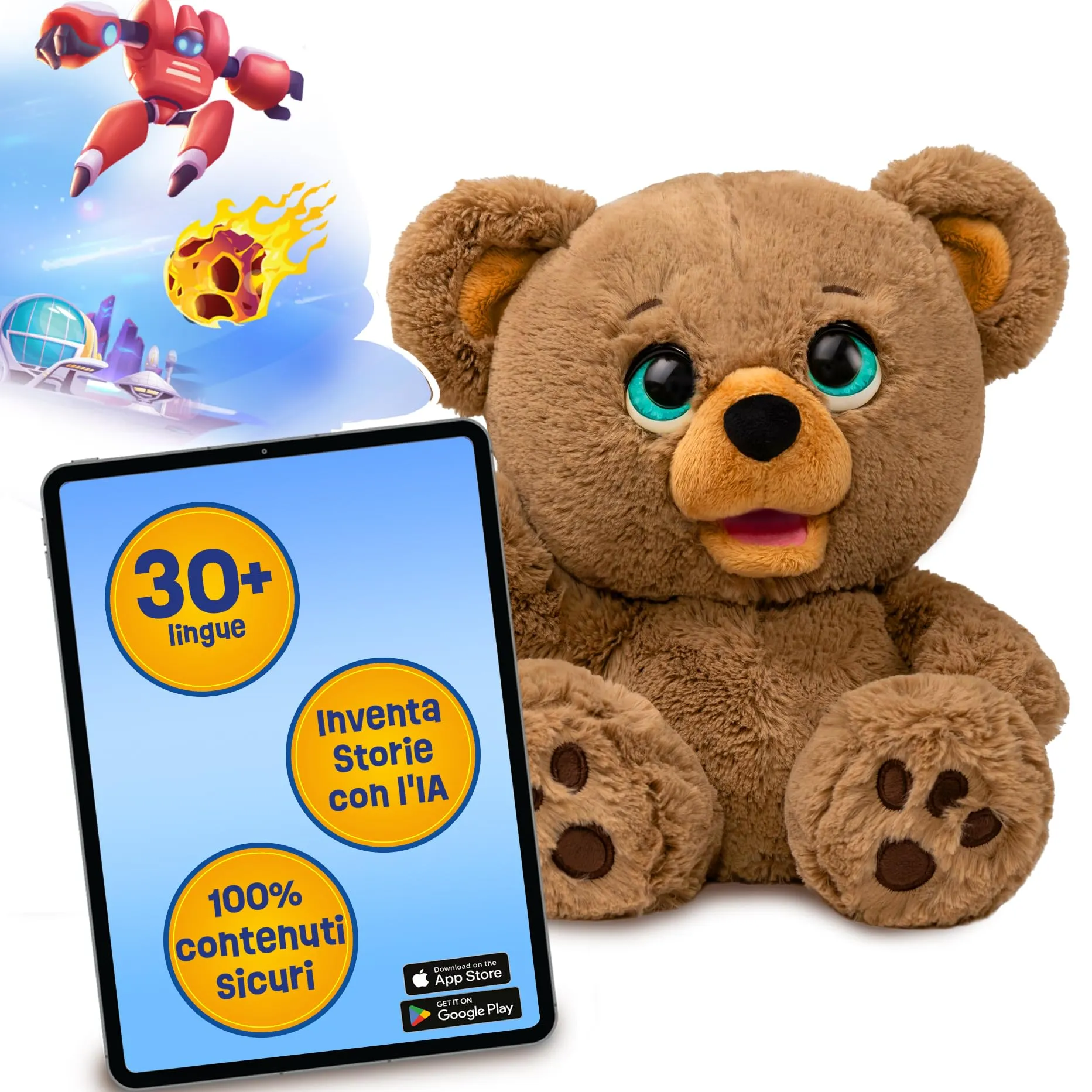 Giochi Preziosi Poe - Peluche Orso Dotato di AI, Crea con l'App Infinite Storie Personalizzate E Poe te le racconterà, Sicuro, Stimola la fantasia E la Creatività del bambino