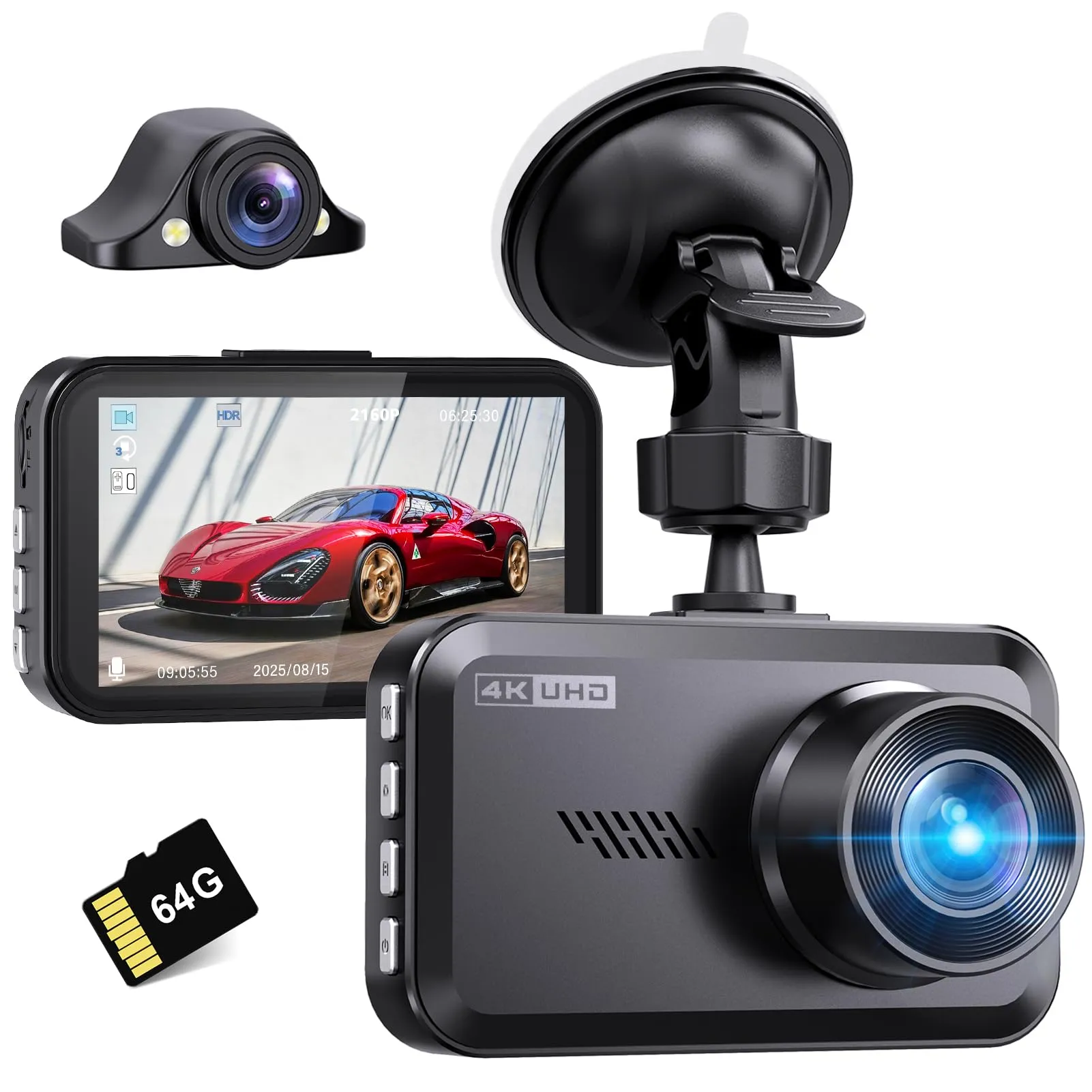 Miden S7 2.5K Doppia Dashcam,Scheda SD 64G,1600P+1080P FHD Telecamera per Auto,Dash Cam Auto IPS 3.2" con Grandangolo di 336°,G-Sensor,Visione Notturna,WDR,Monitor di Parcheggio,Registrazione in Loop