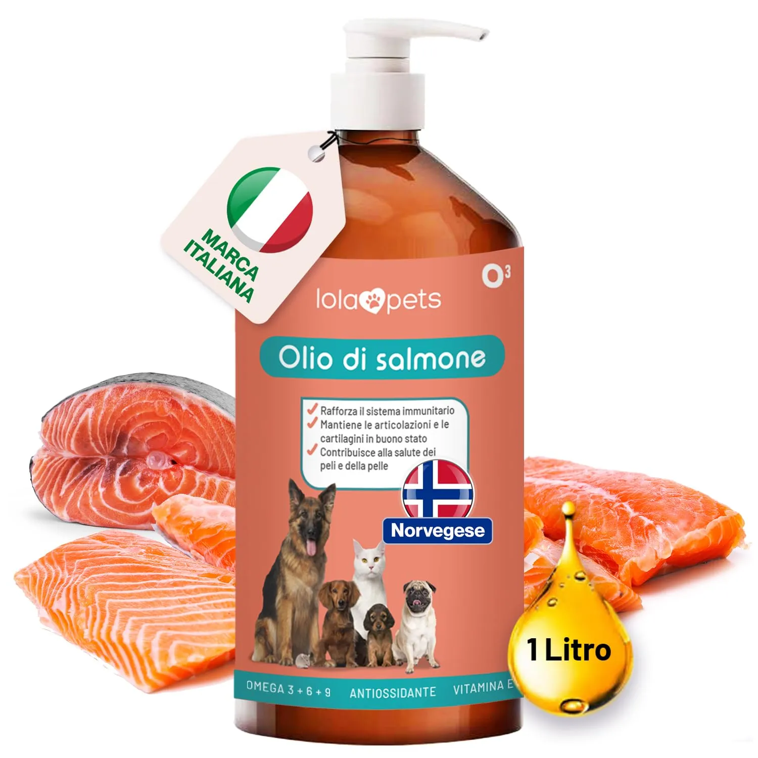 Olio di salmone per cani e gatti 1 LITRO [ NORVEGESE - 100% naturale, spremuto a freddo ] Omega 3+6+9 e vitamina E, Antiossidante | Pratico erogatore (Rosso)