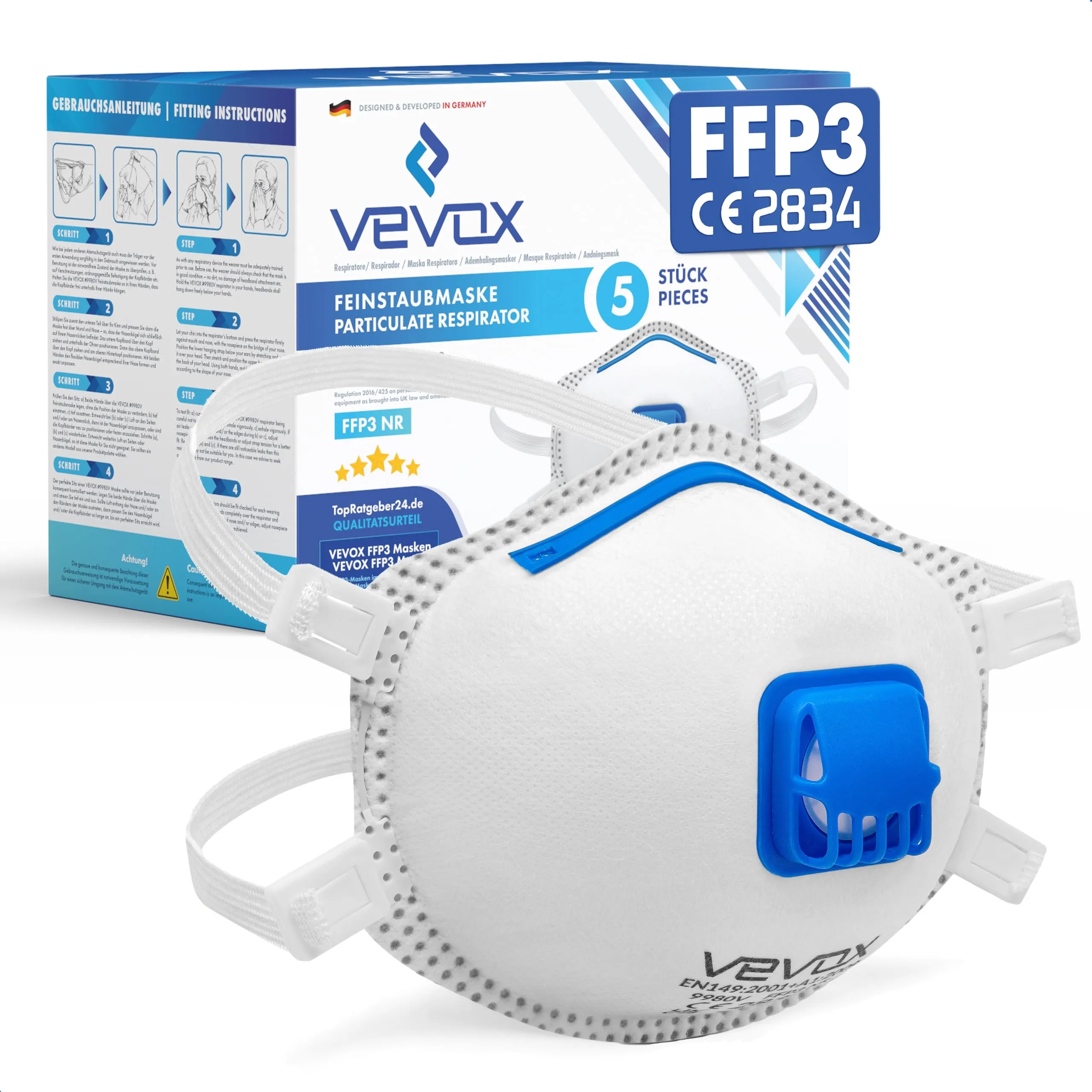 VEVOX® Mascherine FFP3 - scatola da 5, 10, 20 o 5000 – con guarnizione comfort plus – mascherina FFP3 - maschera filtrante respiratoria FFP 3 con valvola - certificata CE per la massima protezione