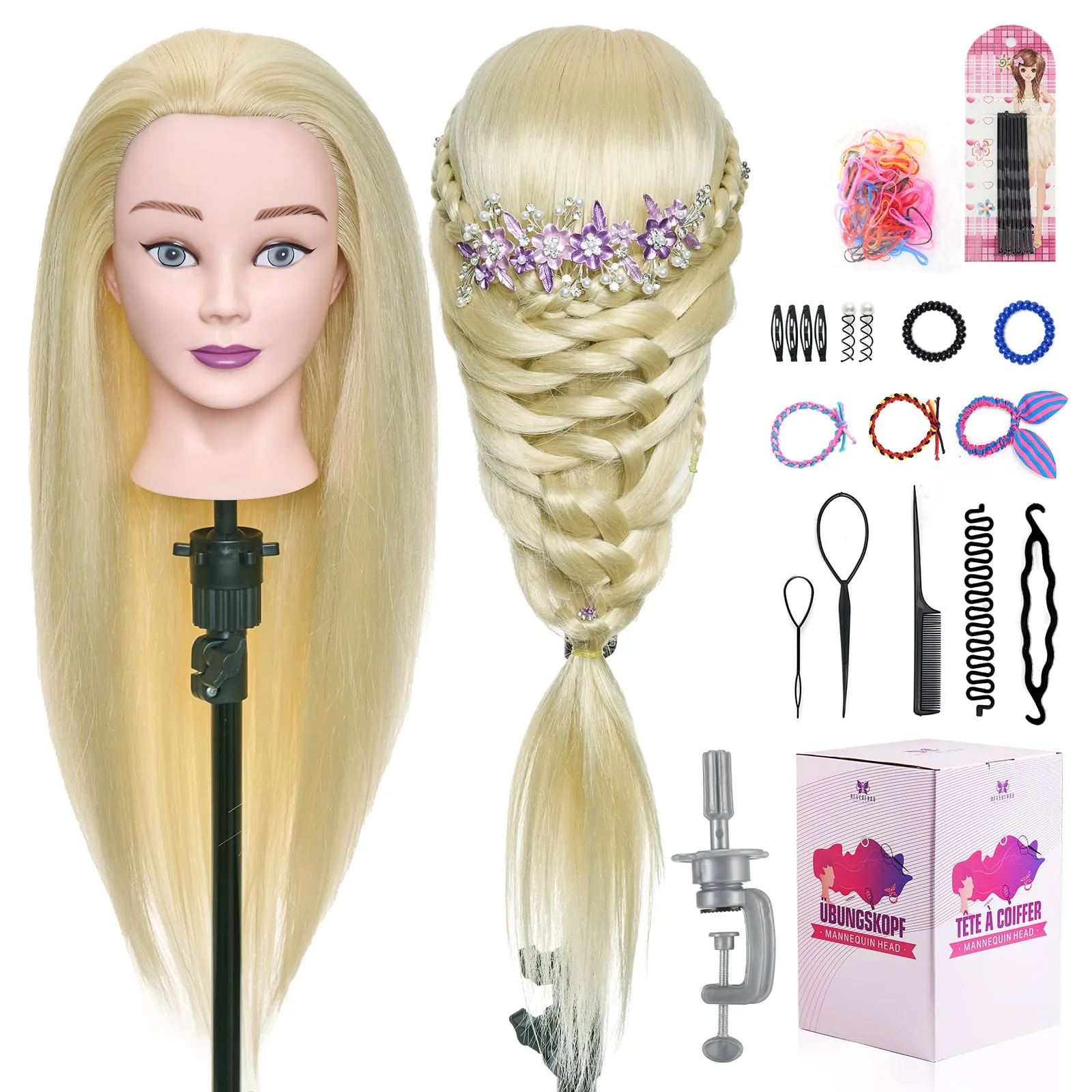 Neverland Testa per Parrucchieri 24 pollici 50% Capelli Veri Testina Parrucchiere Capelli Veri Testina per parrucchieri Testa per Parrucca Manichino Pratica Con Morsetto & DIY Hair Styling Tools