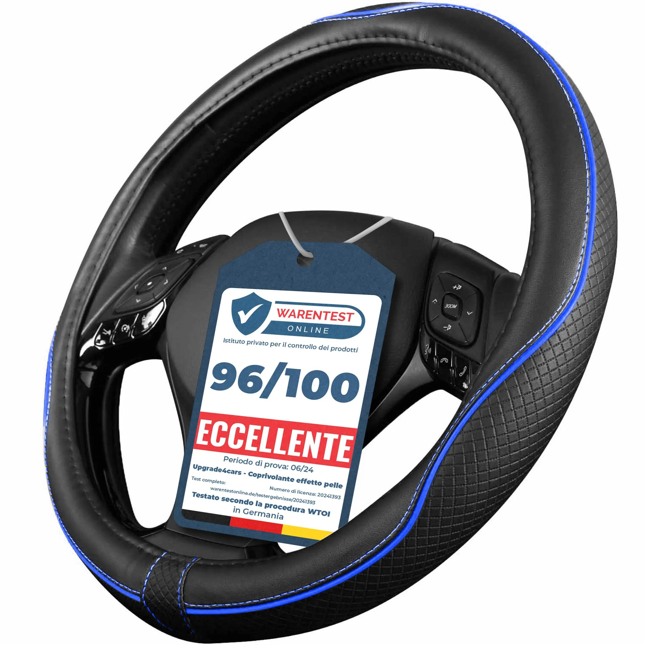 Upgrade4cars Coprivolante Auto Universale Nero Blu in Finta Pelle | Copertura di Volante Diametro 37-38 cm | Accessori Auto Interno | Regali per Donna e Uomo