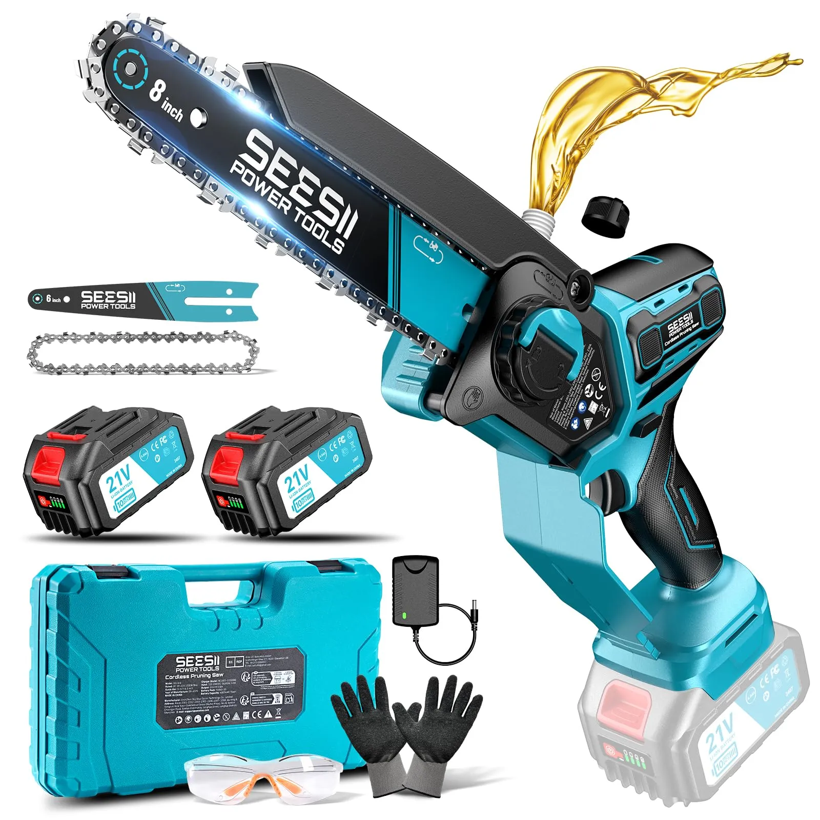 SEESII 6 & 8 Motosega a Batteria, 1000 W Brushless Mini Motosega con 2 * 4000 mAh Batterie, Elettrosega con Lubrificazione Automatica, Sega Elettrica Potatura per Legno, Rami