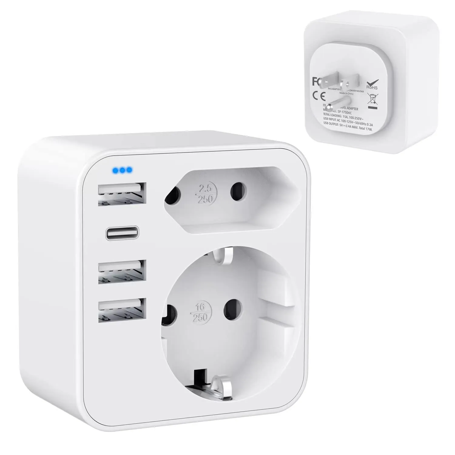HANYEAL Adattatore Presa Americana, 6 in 1, con 4 USB, per America/Canada/Messico, 3285W, Spina USA Tipo B