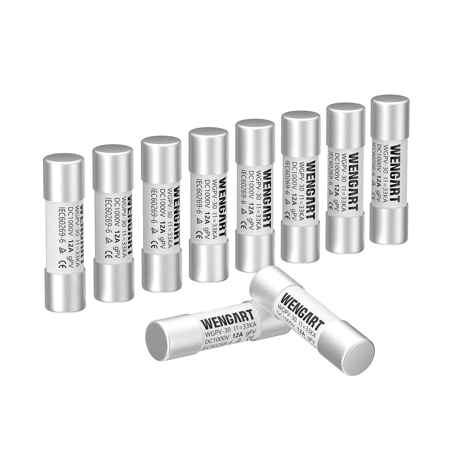 Wengart Fusibili solari WGPV-30,1000VDC,10 pezzi 12A 10x38mm,I133kA,Fusibili fotovoltaici veloci per applicazioni fotovoltaiche solari