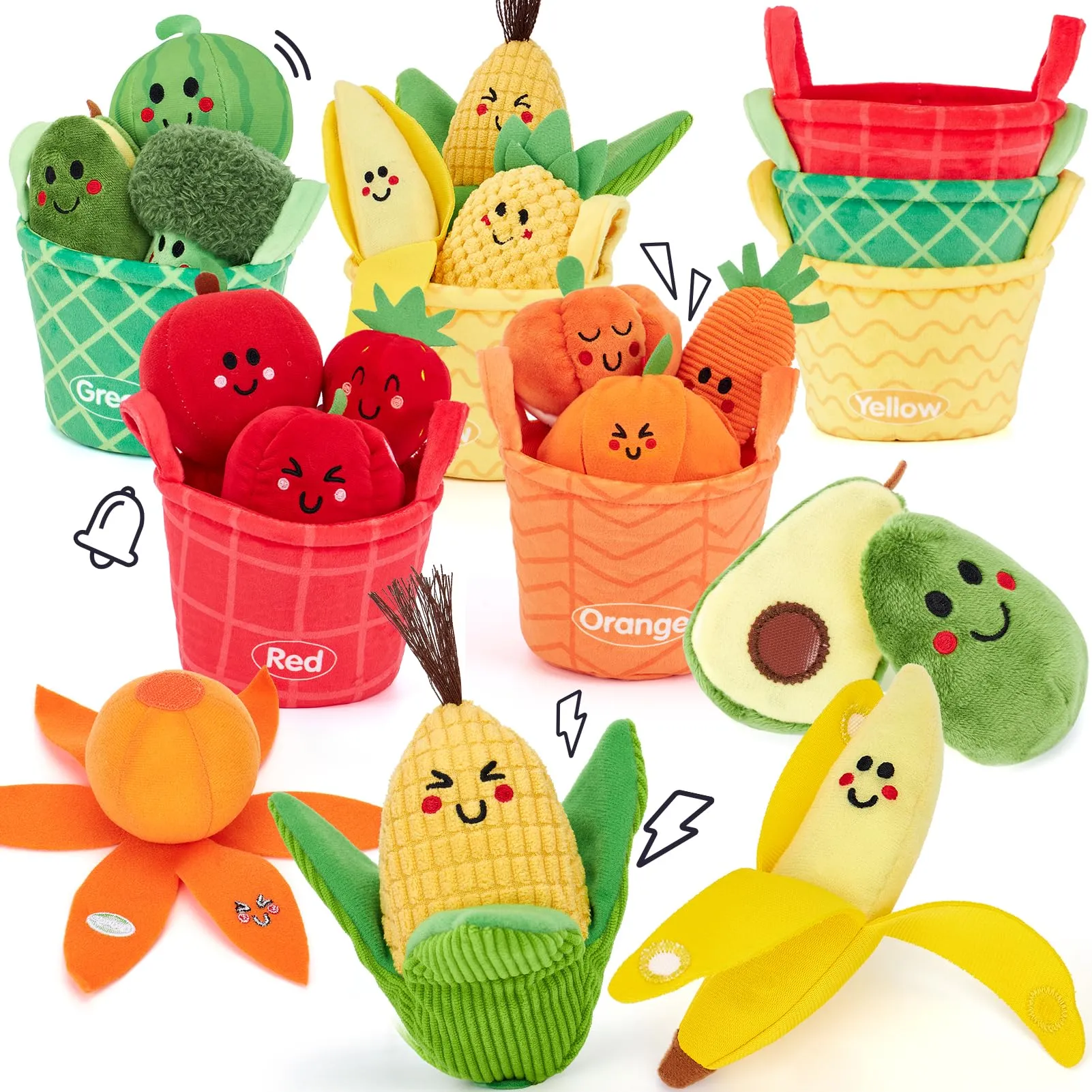 hahaland Giochi Bambini 1 Anno - 16 PCS Frutta e Verdura in Peluche con Sonaglio e Cestino, Gioco Educativi Montessori Bambino Sensoriale Regalo 6 9 12 Mesi