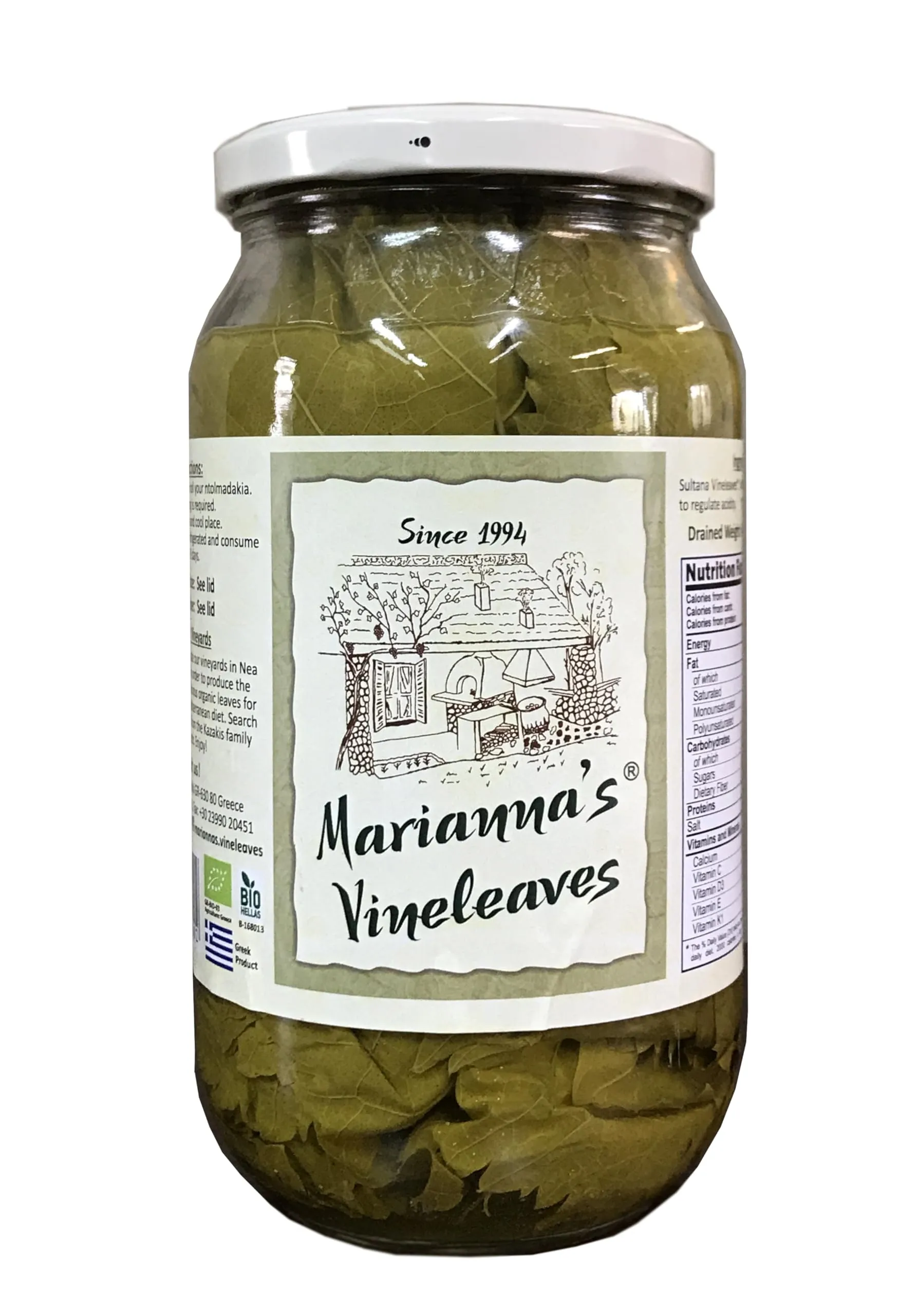 Marianna’s Foglie di Vite Biologiche Greche – 400g (Peso Sgocciolato, circa 120 foglie) – Ideali per Dolmades e Ricette Mediterranee