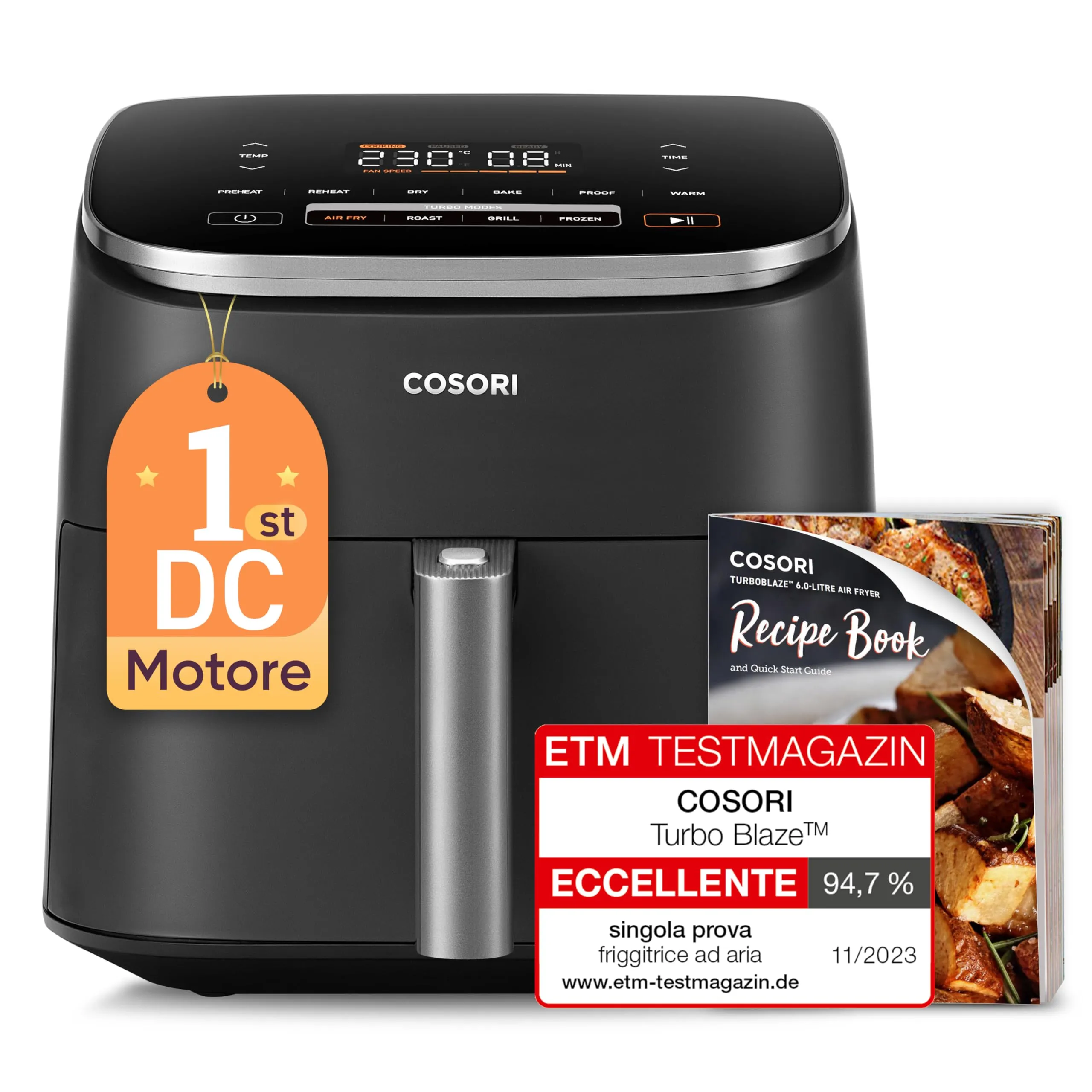 COSORI Friggitrice ad Aria Turbo Blaze 6 Litri, Air Fryer con DC Motore Tecnologia, 9 Funzioni & 5 Velocità della Ventola Automatica, 110 Ricette & 96 Tabelle di Cottura degli Ingredienti, 1725W