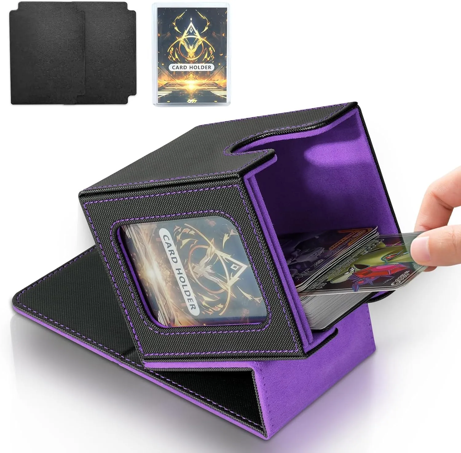 IVODEELA Deck Box con Due Divisori,Magnetic Flip Deck Box Magic mit Display per MTG Magic Commander TCG,Porta Deck Capacità di 100+ Carte,Pelle PU Deckbox,Nero Viola