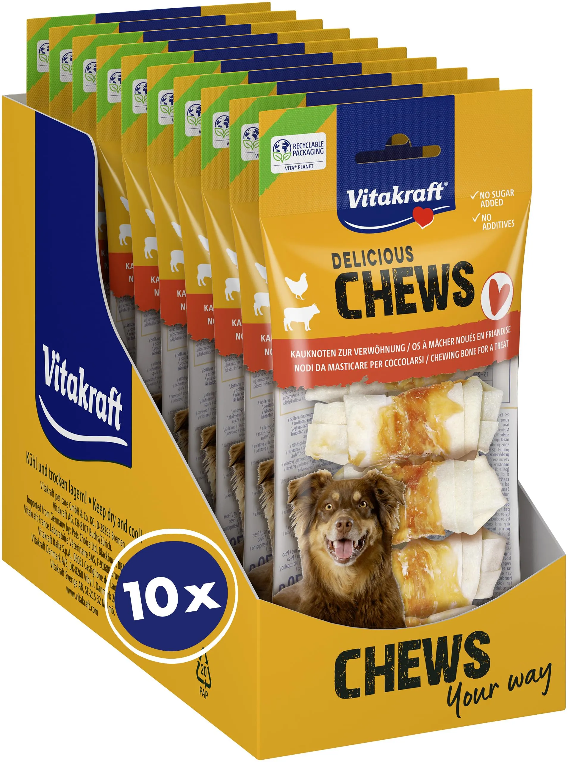 Vitakraft Chews, spuntino per cani, nodo da masticare per ricompensa, in pelle bovina secca, avvolto con carne di pollo, basso contenuto di grassi, senza aggiunta di zucchero e cereali (10 x 70 g)