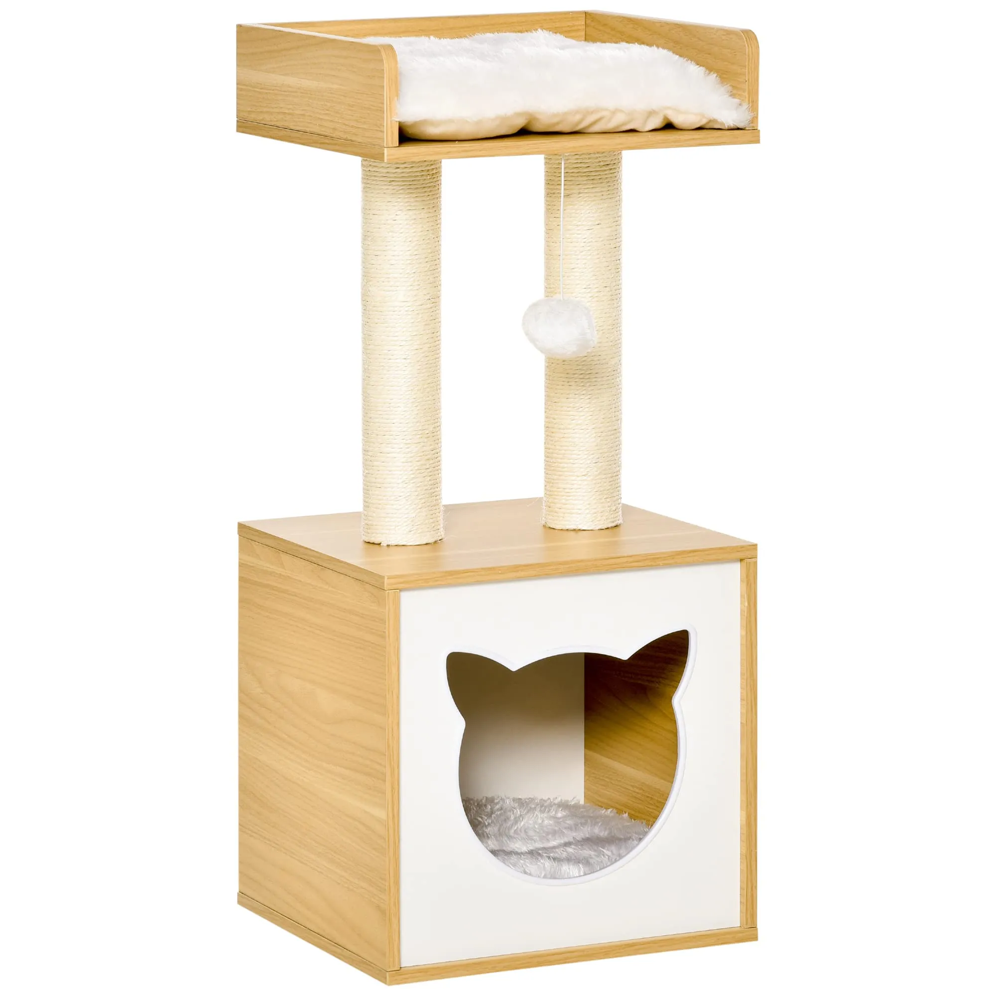 PawHut Casetta per Gatti con Pali Tiragraffi in Sisal, Cuccia e Lettino con Cuscini Lavabili e Pallina, 35x35x81cm, Rovere