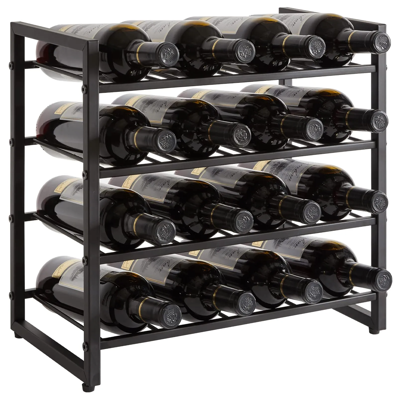 IBUYKE Portabottiglie per Vino, Cantinetta Vino in Metallo,Portabottiglie Autoportante,4 Ripiani 16 Bottiglie,Portabottiglie Vino Organizzatori per Bar, Soggiorno, Cucina,Nero TMJ903H