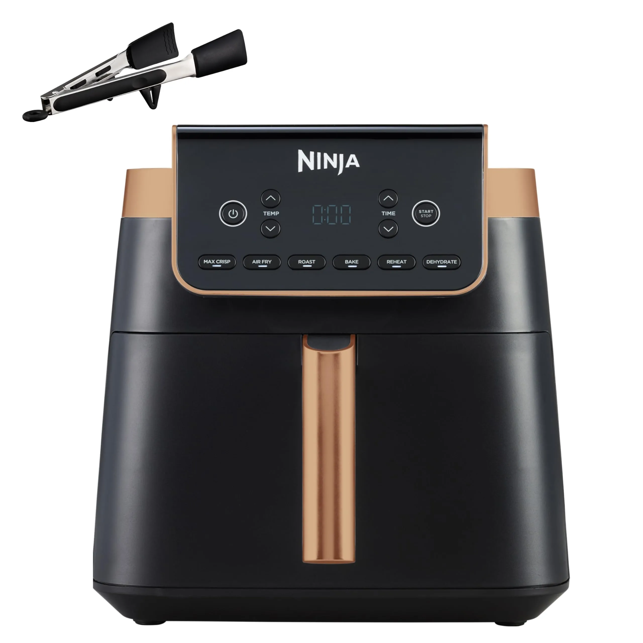 Ninja MAX PRO Friggitrice ad Aria, Scomparto Singolo da 6,2L, Cottura Senza Olio, Formato Famiglia, Antiaderente, Cestello e Piasta per Frittura Lavabili in Lavastoviglie, Pinze, Nero/Rame, AF180EUCP