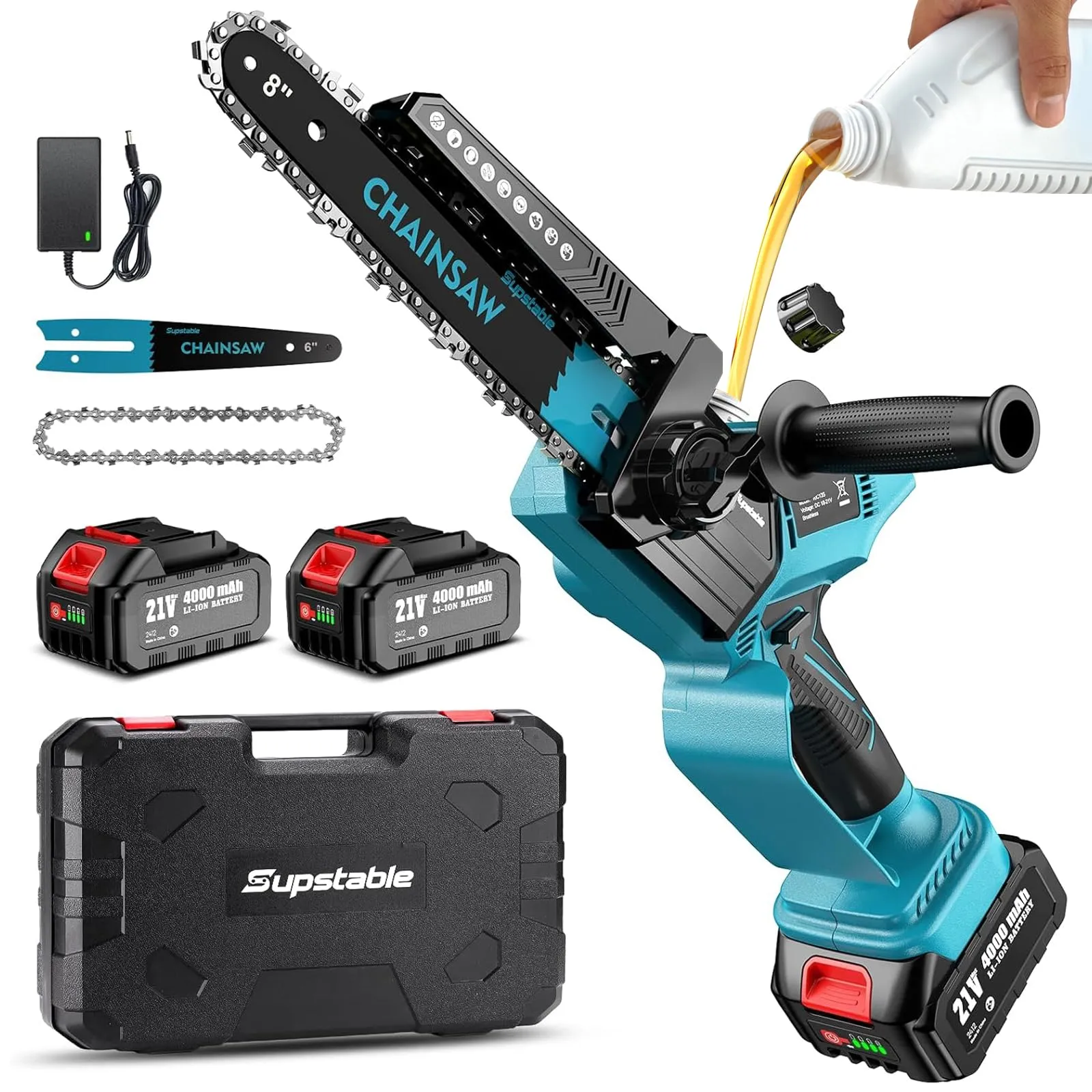Supstable Mini Motosega a Batteria 8/6 Pollici, 8000mAh Motoseghe Elettrica Brushless, Oliatore Automatico, Tensione Catena Senza Attrezzi, 900W Sega a Batteria per Potatura, Artigianato e Progetti