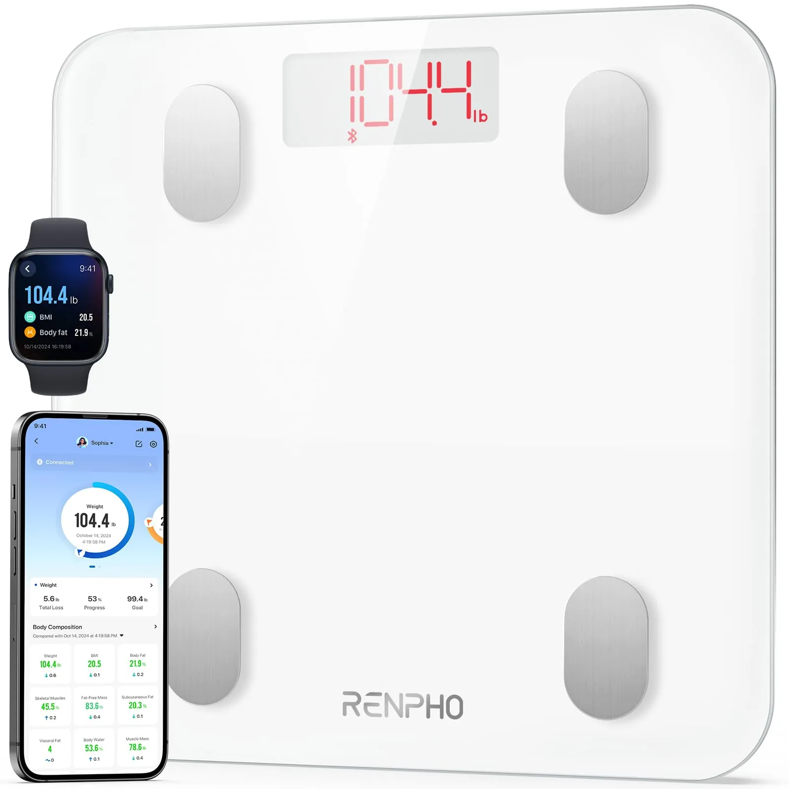 RENPHO Bilancia Pesapersone Digitale, Bilancia Impedenziometrica Intelligente Bluetooth, 13 Funzioni, Analisi Composizione Corporea con App per Massa Grassa, BMI, Grasso Viscerale, Bianca