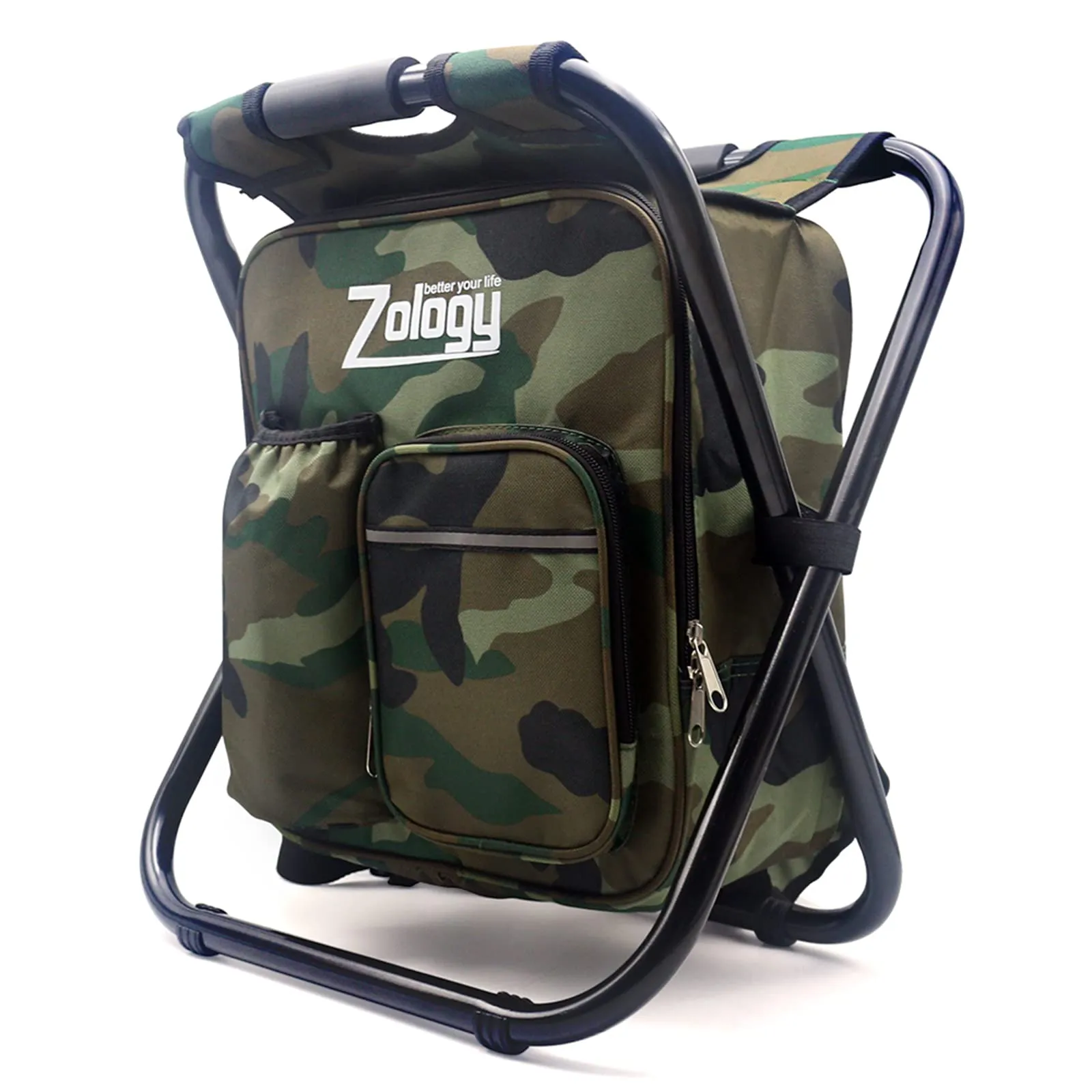 Zology Pieghevole Sedia da Campeggio Sgabello Zaino con Borsa Picnic Isolato di Raffreddamento, Camouflage Portatile Escursionismo Seggiolone da Tavolo per Outdoor Pesca al Coperto Viaggio Beach BBQ