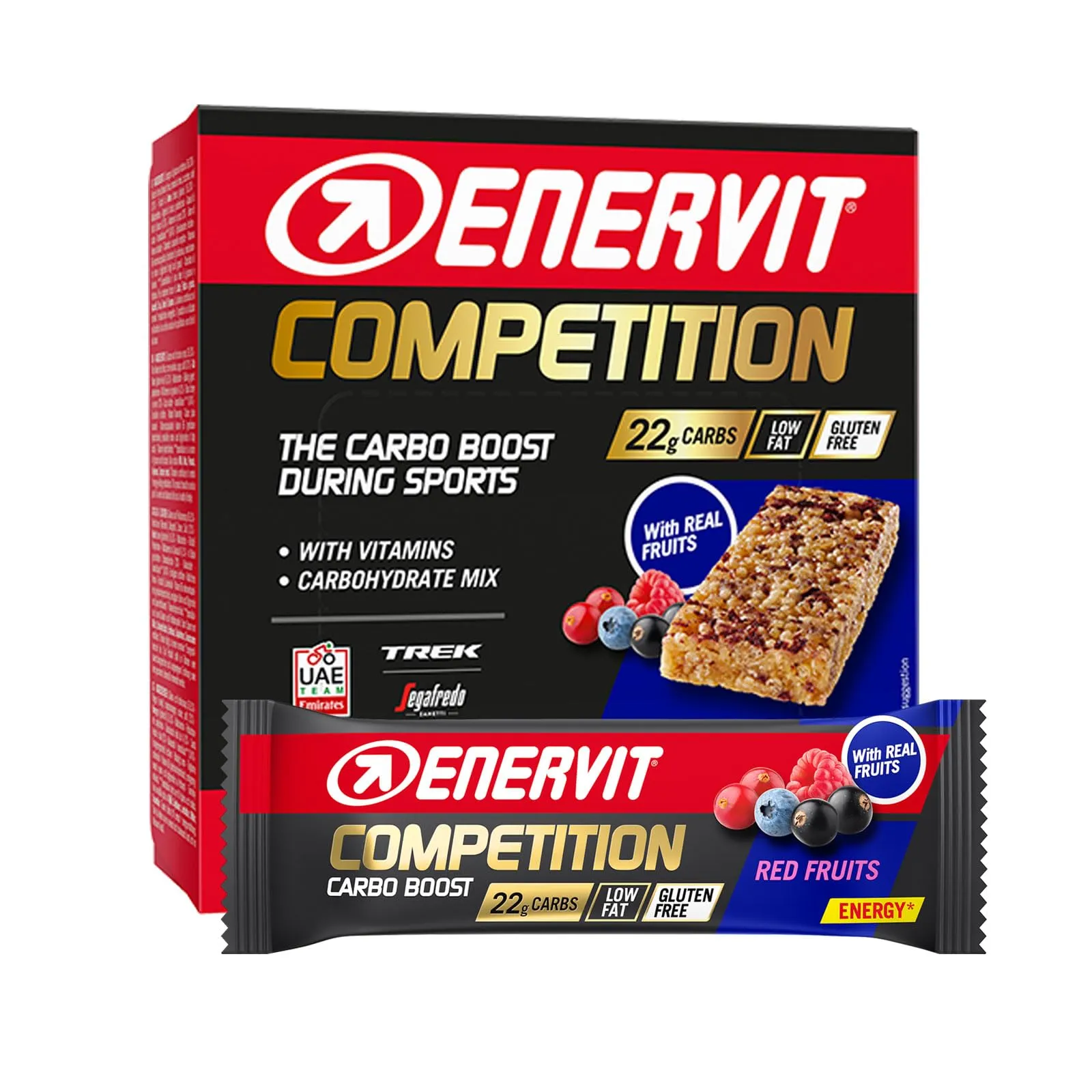 Enervit Competition Bar Red Fruits, Barrette Energetiche, Formula Tecnica, Adatte Durante Attività ad Alta Intensità, 22g di Carboidrati, Gusto Frutti Rossi, VeganOK, Senza Glutine, 12 Barrette da 30g