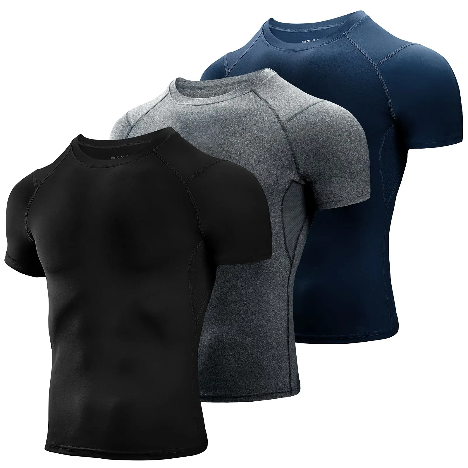 Niksa 3 Pezzi Maglietta Uomo，Maglia a Manica Corta Traspirante Asciugatura Rapida Compression da Uomo Sport per Correre Jogging Fitness Palestra, Nero-Grigio-Navy, Taglia M