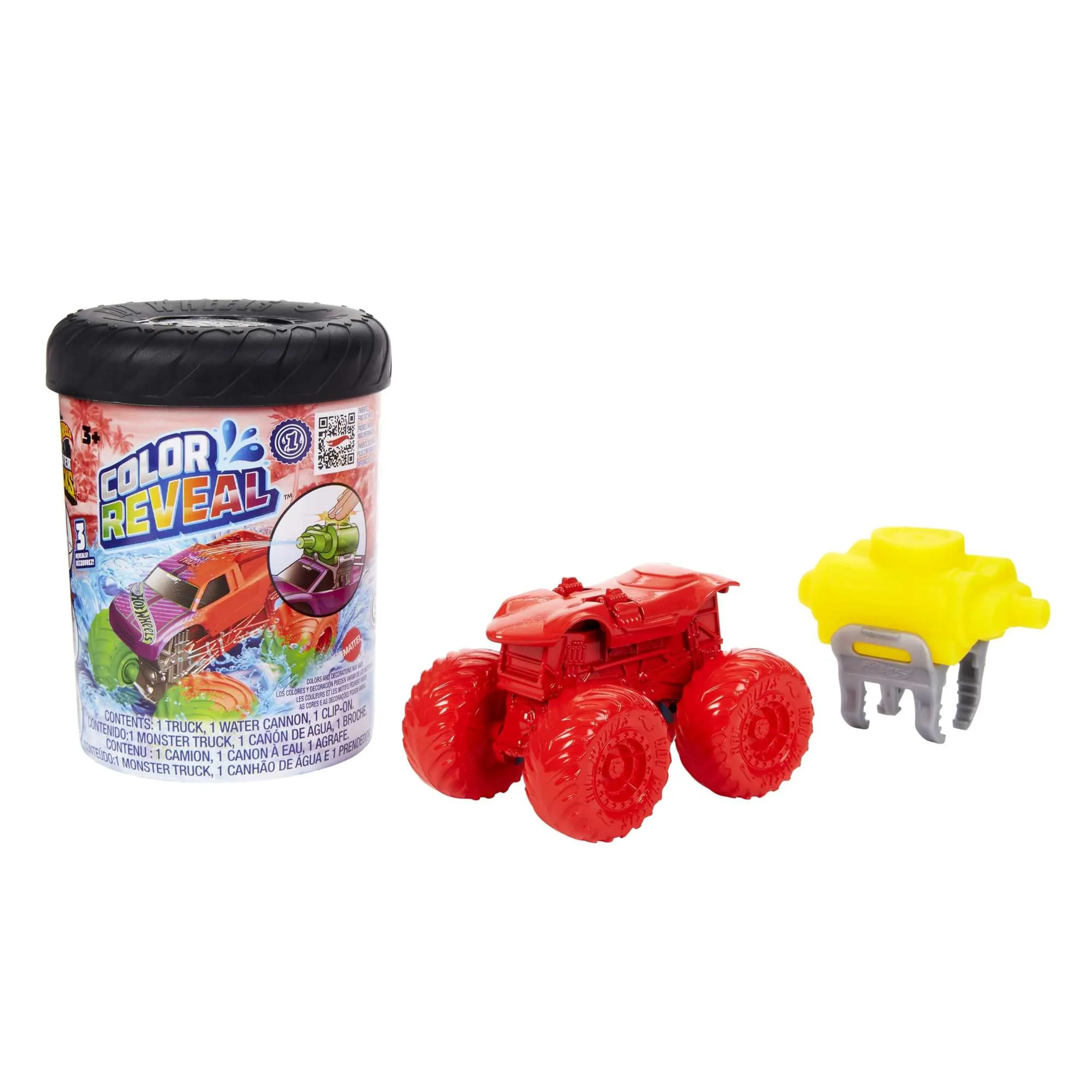 Hot Wheels - Hot Wheels Monster Trucks Color Reveal, 1 veicolo giocattolo con sorpresa ed effetto cambia colore ripetibile con acqua calda e fredda, giocattolo per bambini 3+ Anni, HJF39