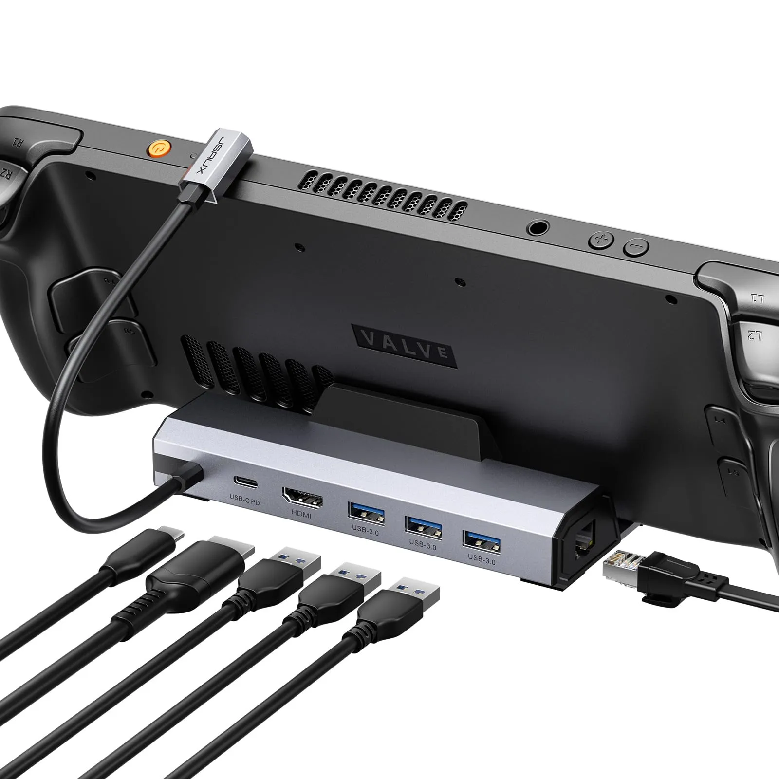 JSAUX Docking Station compatibile con Steam Deck/ROG Ally X/Legion Go/MSI Claw, Dock 6-in-1 con HDMI 4K@120Hz, Ethernet Gigabit, 3 USB-A 3.0 e Ricarica da 100W, Compatibile con Steam Deck OLED-HB0603