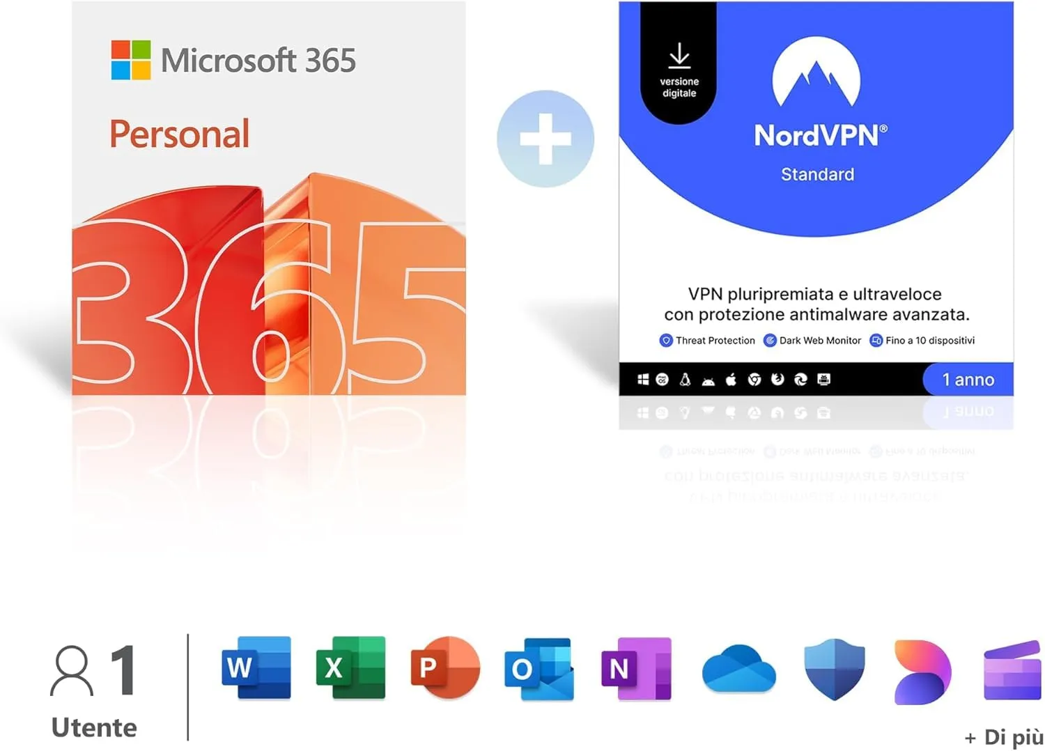 Microsoft 365 Personal | 12 mesi, 1 persona, Office & 1TB Cloud | PC/Mac/tablet/cellulari + NordVPN Standard | 10 Dispositivi, 1 Anno VPN e Cybersecurity, Codice Digitale