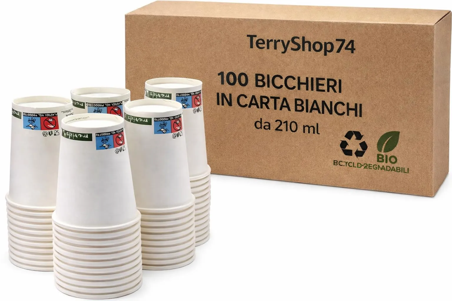 Terryshop74 100 bicchieri cocktail bevande cappuccino 210 ml eco friendly usa e getta bio compostabili bio degradabili bevande calde e fredde (100 cip 210 ml Bianco)