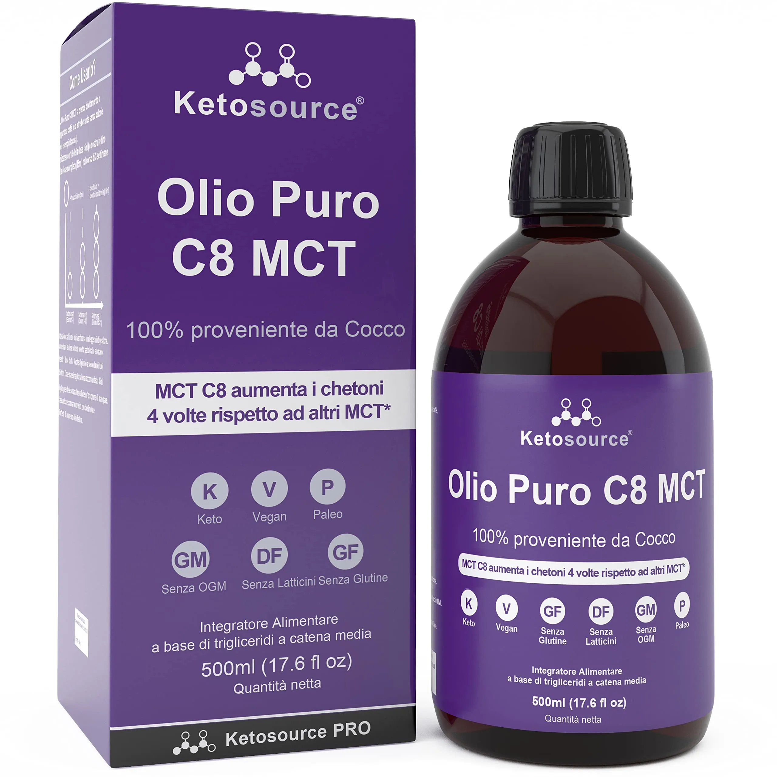 Olio MCT C8 Puro | Produce 4 volte chetoni rispetto ad altri oli MCT | Massima purezza superiore al 99% | 100% cocco | Supporta la Keto Diet e il Digiuno | Bottiglia plastica 500ml | Ketosource®