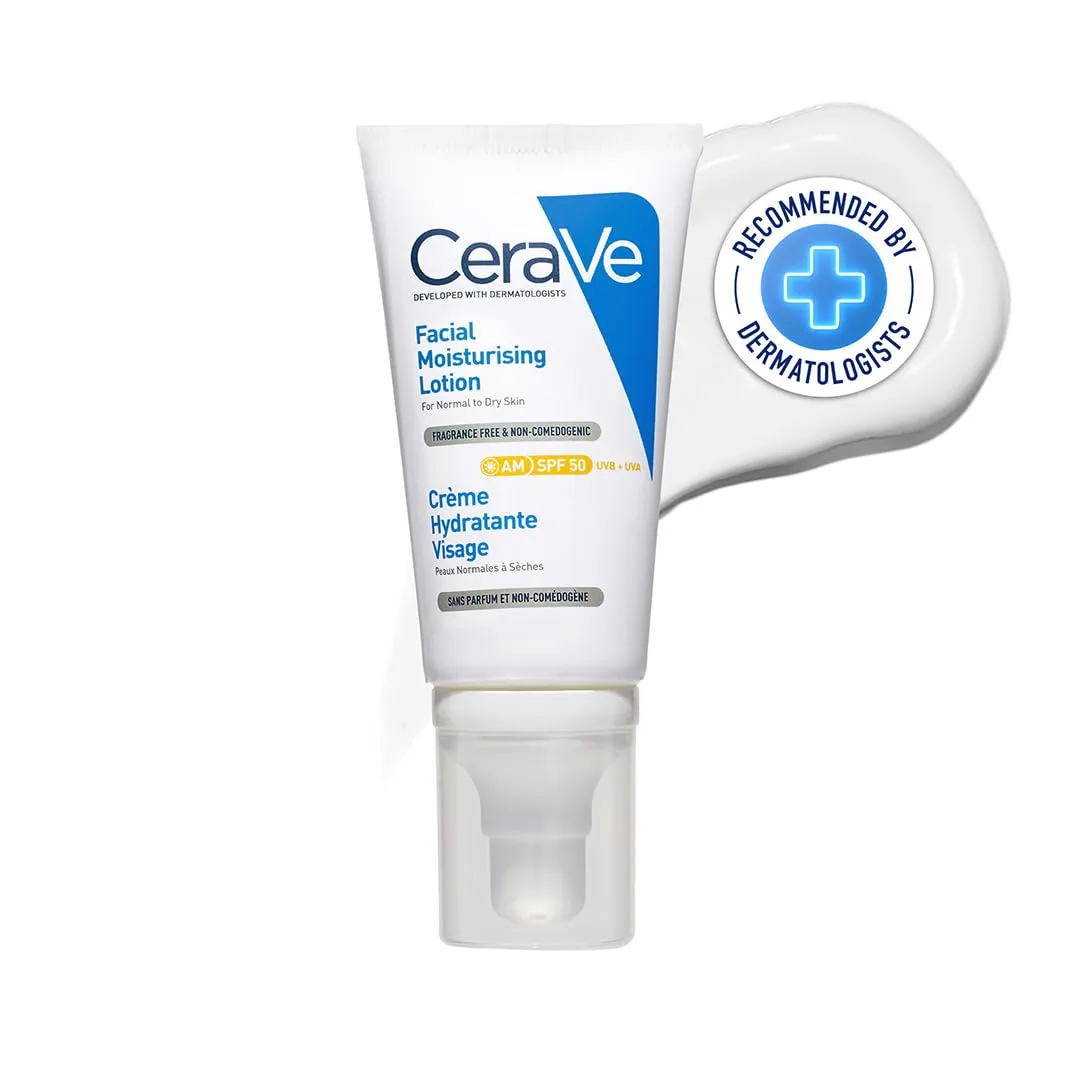 CeraVe Crema Idratante Viso SPF 50, Per Pelli da Normali a Secche, Idratazione Profonda, Ad Assorbimento Rapido, Con Protezione Solare SPF 50 e Acido Ialuronico, 52 ml