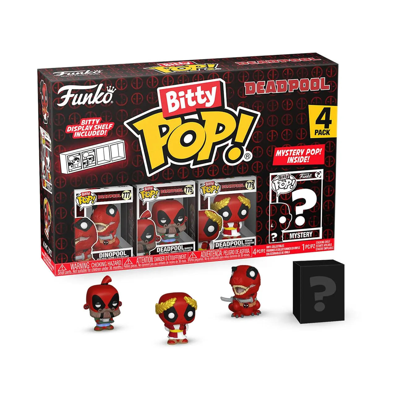 Funko Bitty Pop! Dinopool, Bitty Pop! Deadpool (Barista), Bitty Pop! Deadpool (Roman Senator) E una Mini Figura Misteriosa a Sorpresa - 0.9 Inch (2.2 Cm) - Ripiano Espositivo Impilabile Incluso