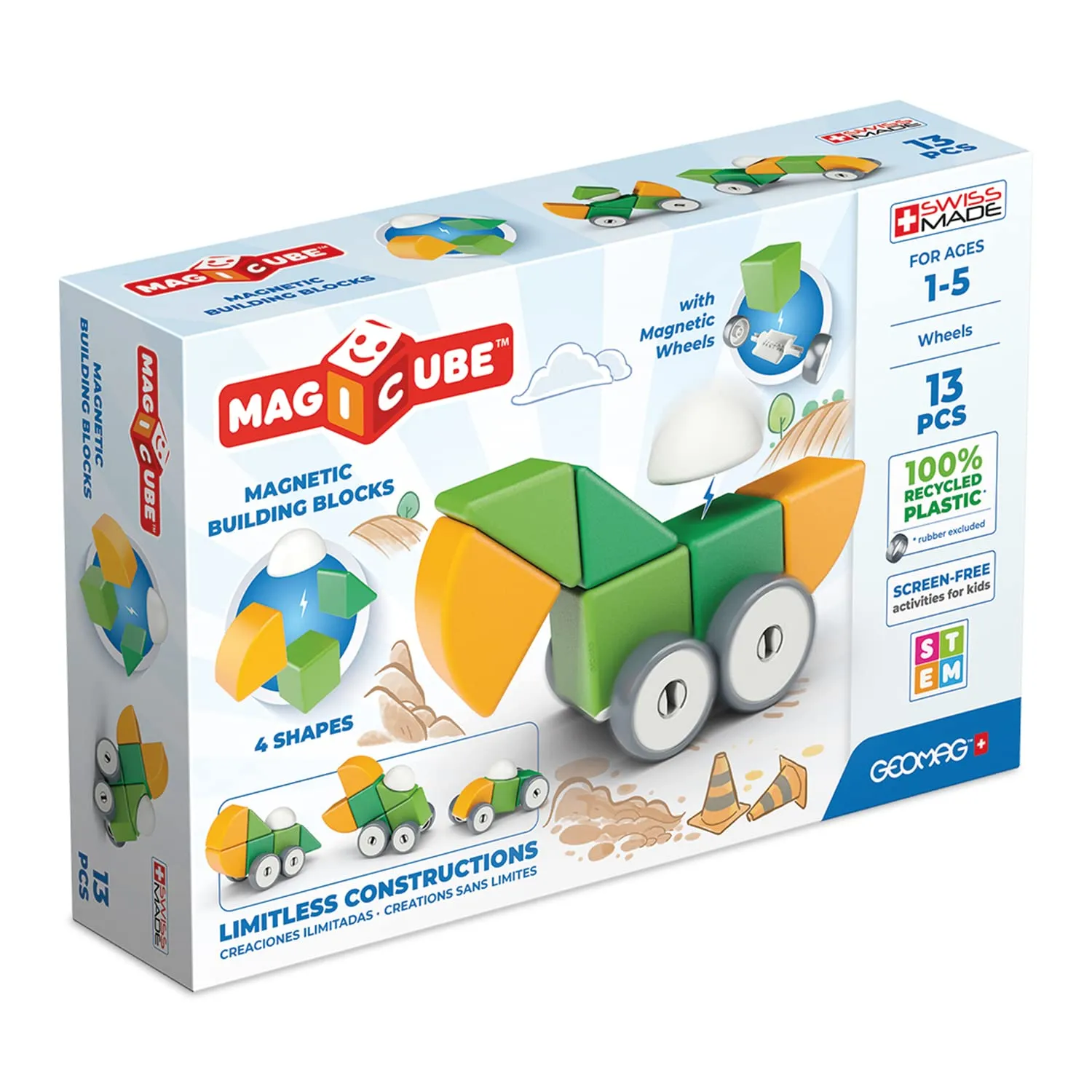 Geomag - Magicube 1+ Shapes - Blocchi Magnetici per Bambini - 4 Colori e Forme - Confezione da 13 Cubi - 100% Plastica Riciclata