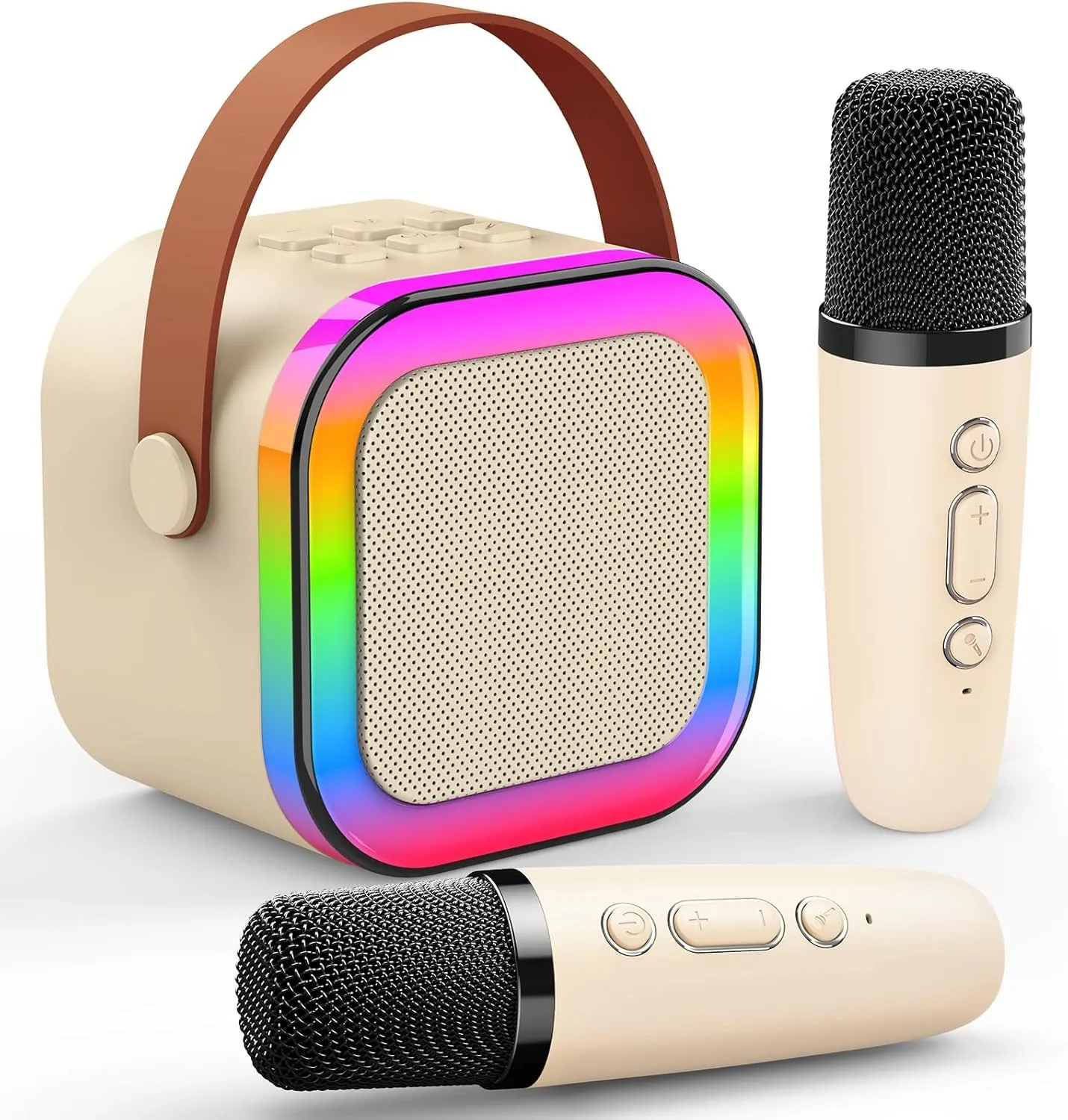 Karaoke Bluetooth SMART-J SOUNDGO con 2 Microfoni, Speaker Portatile LED RGB, Design Bianco Crema, Batteria Ricaricabile, Controlli Tattili, Manico Elegante – Perfetto per Feste