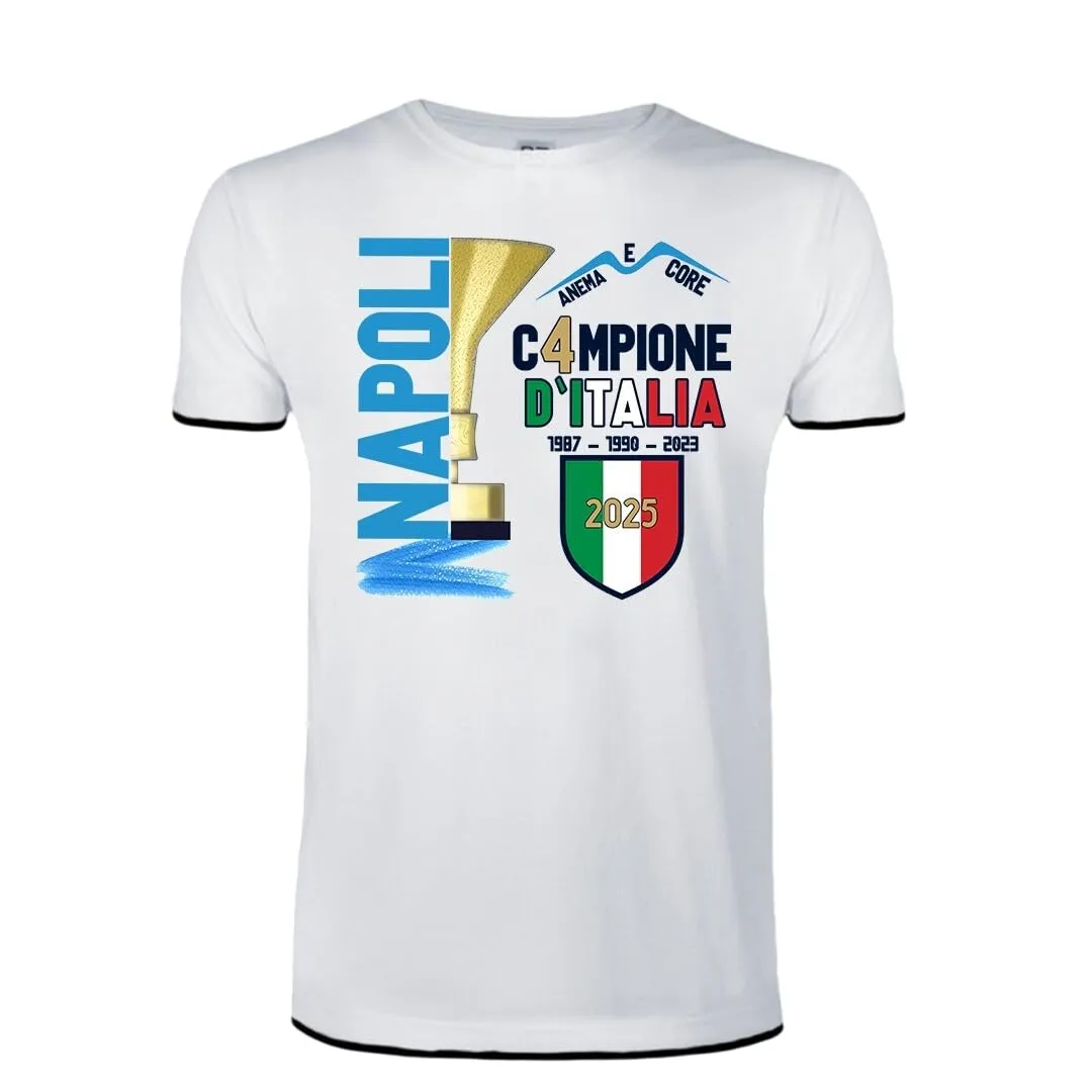 T-Shirt Maglietta Shirt Tifo Napoli Partenopeo Cuore Tifoso Scudetto Azzurro Campioni d'Italia 2025 Campione Squadra Gufo 4 Tifosi Trionfo Mister Siamo Forti (Bianco, XXL)