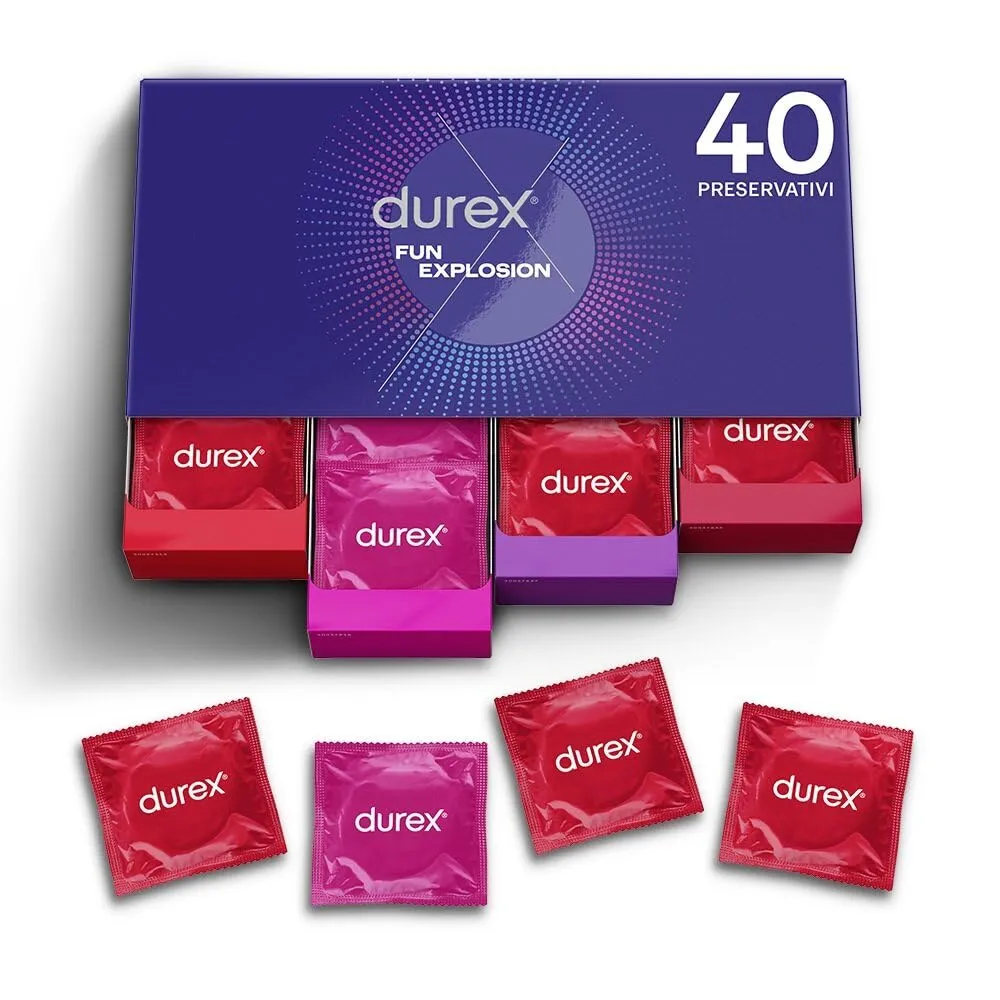 Durex Fun Explosion, Mix Preservativi Assortiti con Rilievi e Nervature, Preservativi Sottili e Aromatizzati alla Fragola, 40 Profilattici, Solo Online